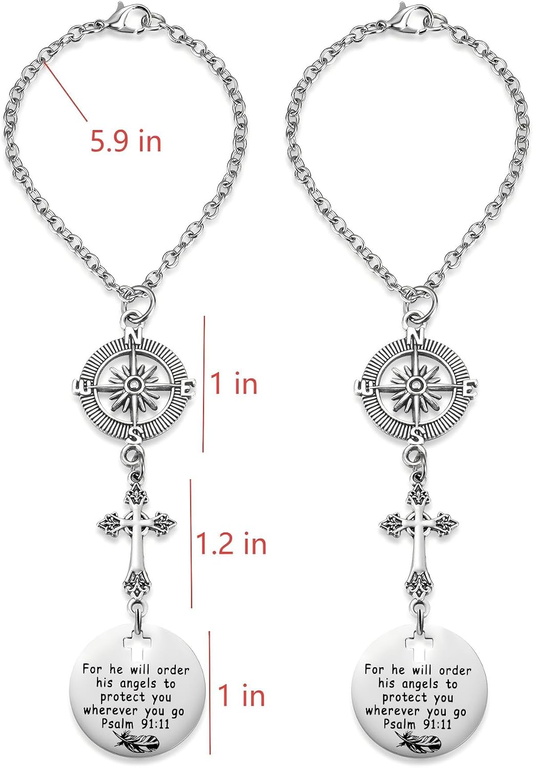 2 Pack Cross Car Charms for Women Men, Guardian Angel Rear View Mirror Decor, Psalm 91:11, Bible Verse, Christian Faith Based Car Accessory, Religious Gift
