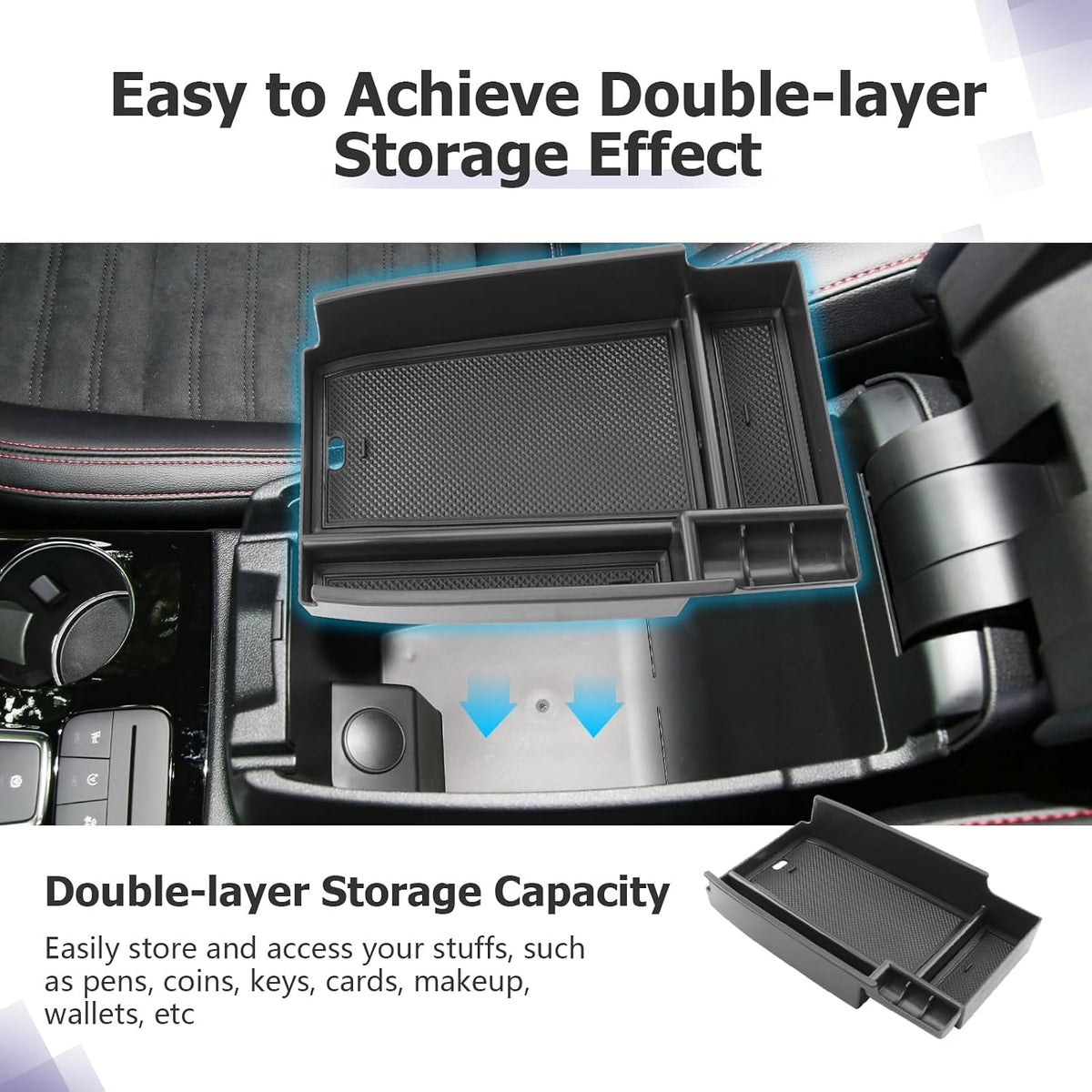 LUWU Center Console Organizer Compatible with Ford Escape 2020-2026/Bronco Sport 2021-2025 Accessories Armrest Console Storage Box Insert Tray ABS Material Black Coin Container Black