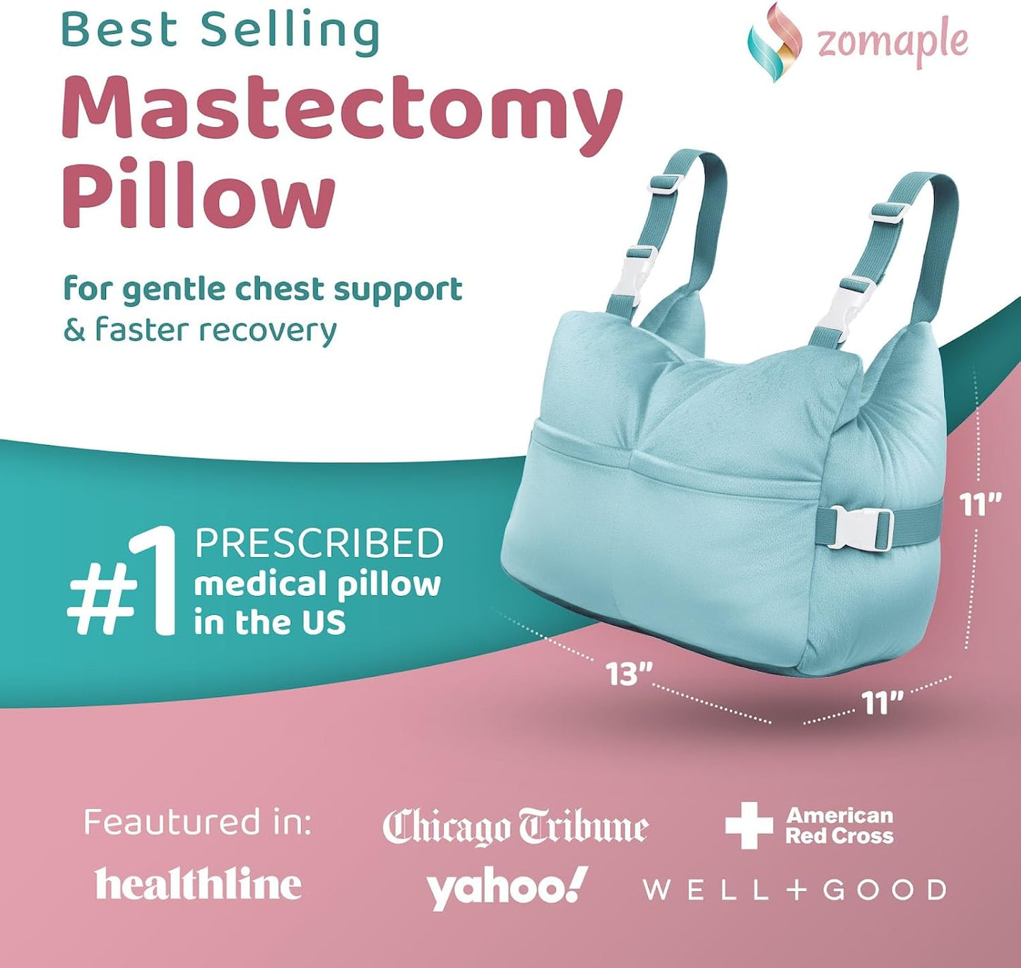 Zomaple Mastectomy Recovery Pillow with Strap, Gel Pack, Seat Belt Cover & Shower Lanyard – Post-Op Essentials, Breast Augmentation/Reduction & Recovery Supplies – Washable Cover for Comfort & Support