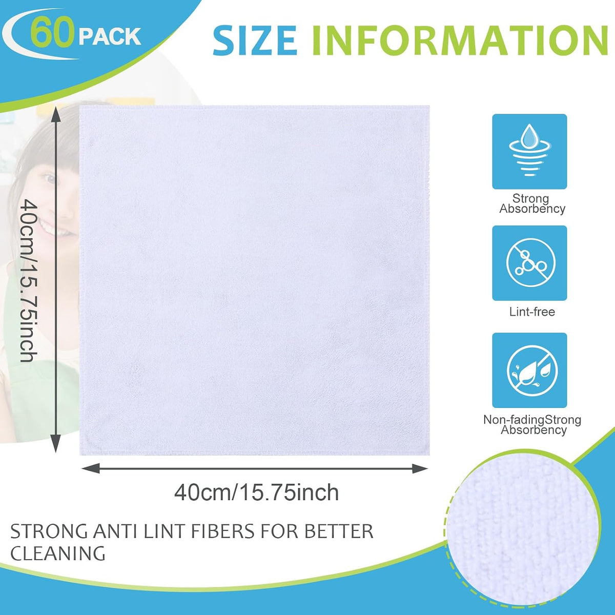 Nuenen Car Microfiber Clean Cloths, White, 16 x 16 Inch, 60 Pcs