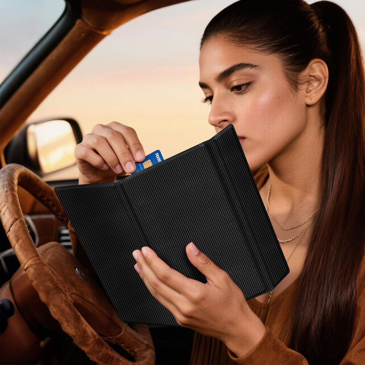 CoBak Leather Car Registration and Insurance Holder with Magnetic Compartment - Vehicle Glove Box Organizer for Driver License, Cards, Emergency Cash - Auto Truck Accessories Case, Carbon Fiber Black