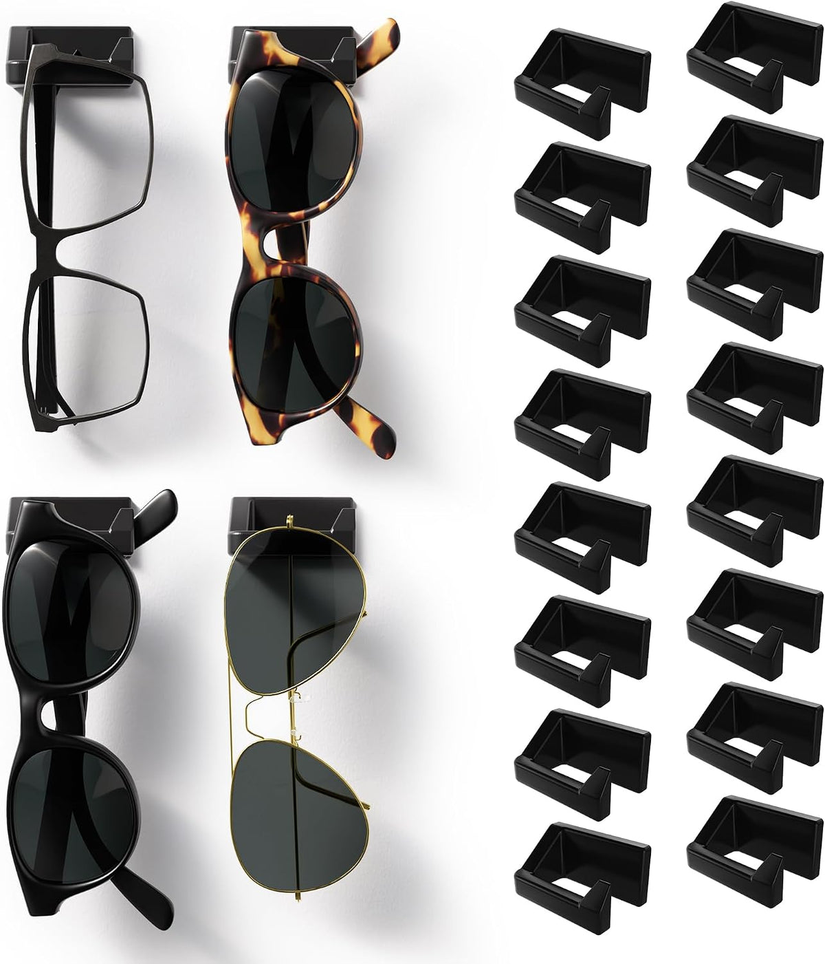 MELEN Adhesive Sunglass Organizer Wall (16-Pack) - Strong and Compact Glasses Holder, Sunglass Holder for Car and Wall - Black