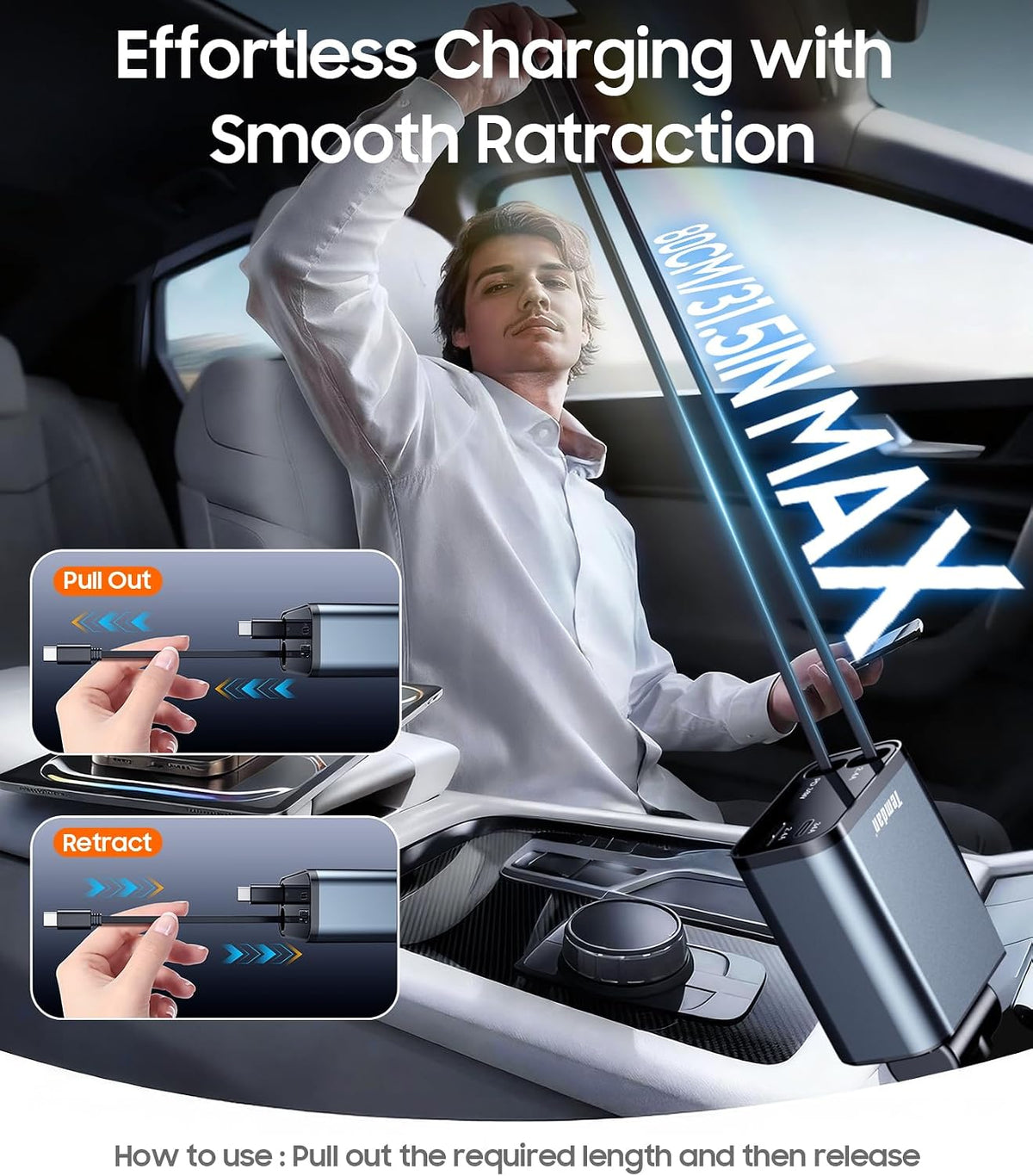 Temdan Retractable Car Charger,75W Fast Charger USB C Car Truck Accessories