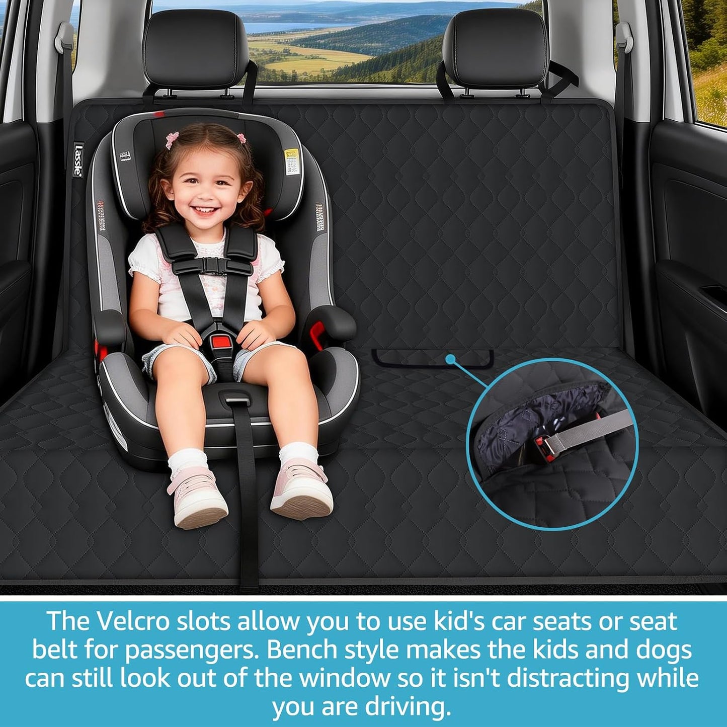 Back Seat Cover for Kids in Car | 100% Waterproof Car Seat Protector for Dogs with Seat Belt, Non-Slip | Bench Seat Cover from Scratches, Spills & Mess | Rear Seat Protector Fit Cars/SUVs/CRVs/Trucks