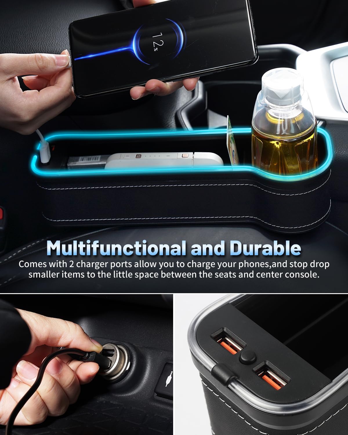 Shademax RGB Color Changing LED Car Seat Gap Filler Organizer Console Side Seat Gap Storage Box with Cup Holders and USB Chargers for Car Interior Accessories (2 Pack)