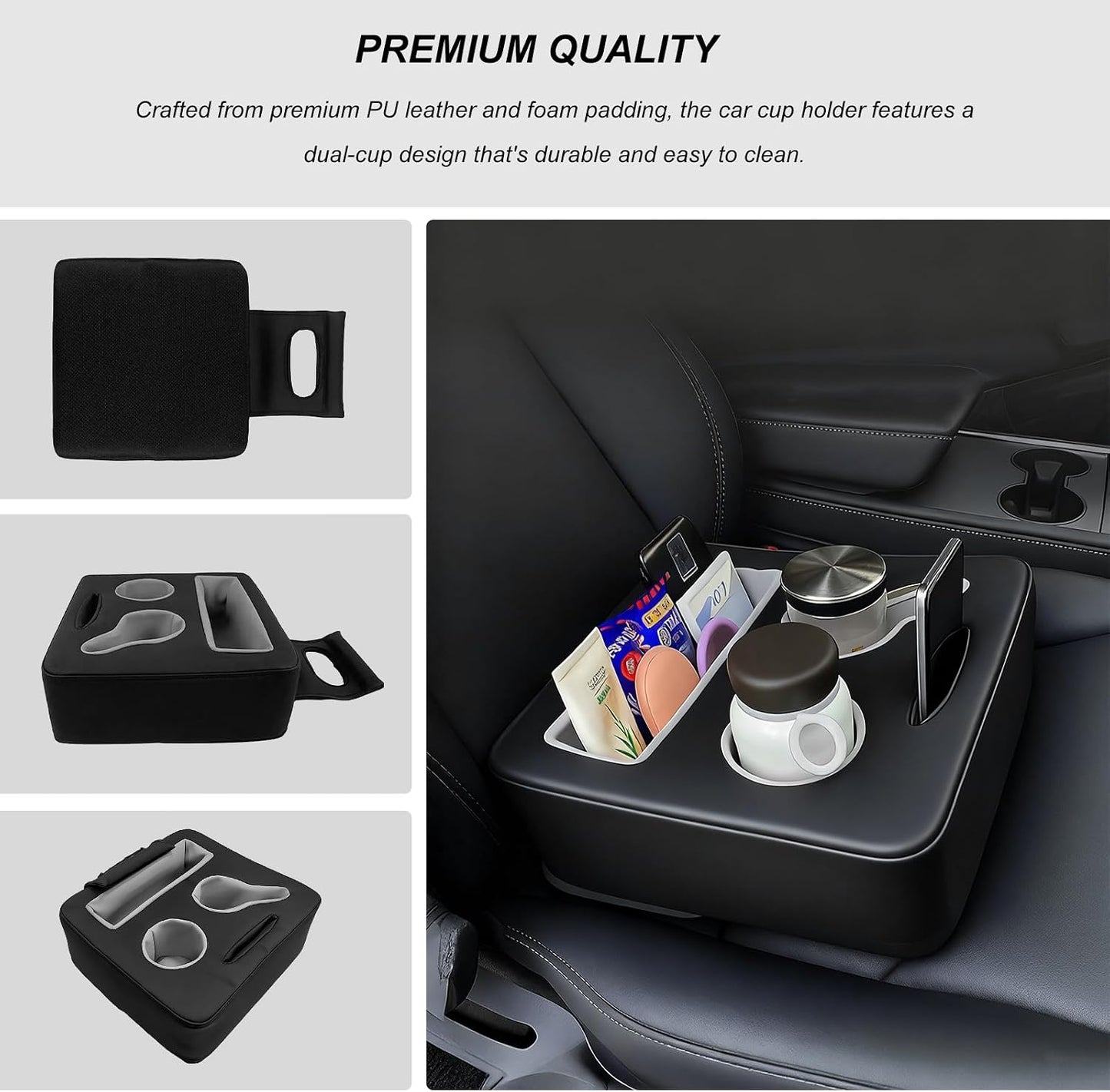 Sun Walker Back Seat Cup Holder for Car, Waterproof Rear Seat Organizer Expander Tray to Store Phone Drink Snack, Universal Leather Cup Holder Pillow for Truck RV Boat Sofa Bed (Black)