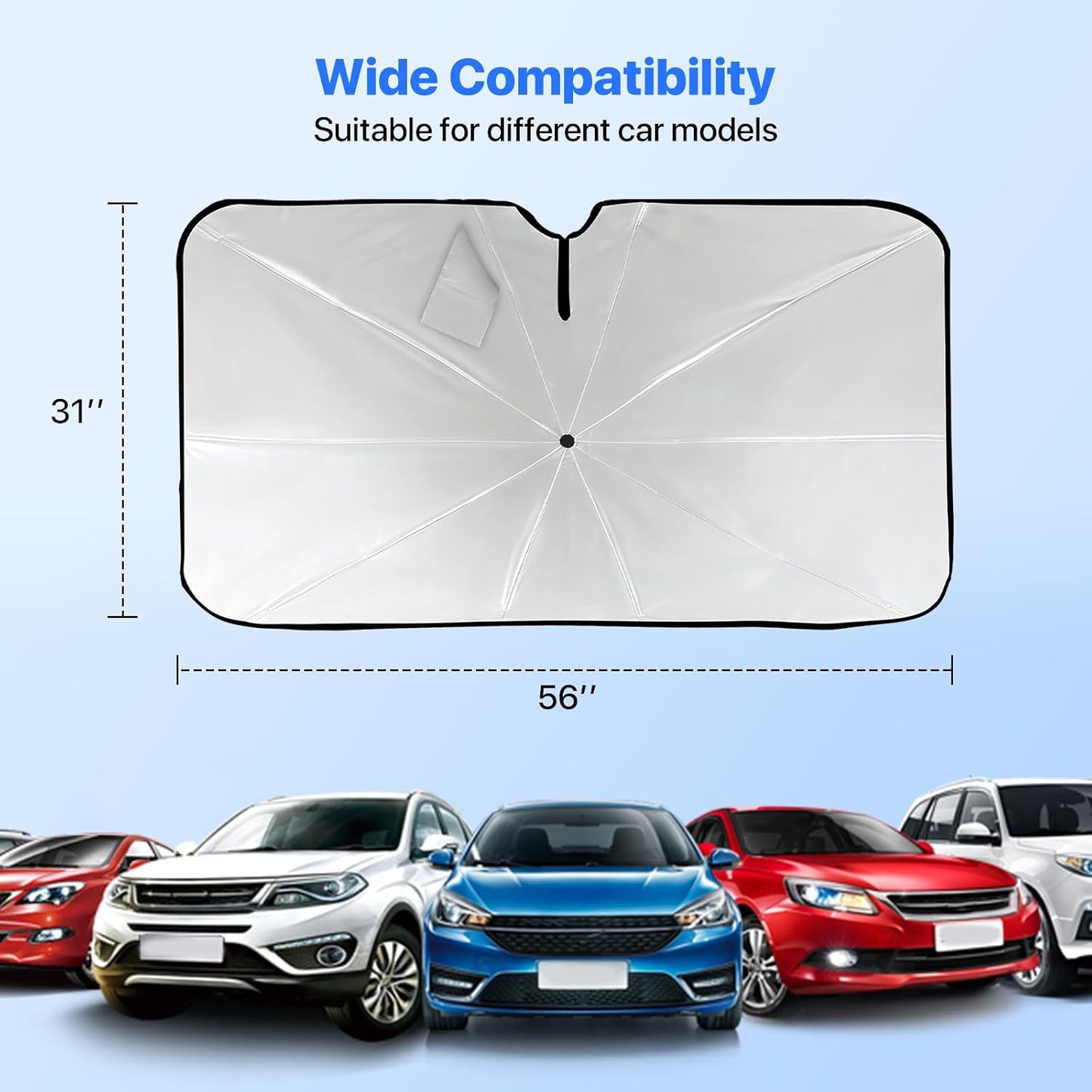 Windshield Sun Shade Umbrella - Protect Car from Sun Rays & Heat Damage Keep Cool & Protect Interior (56" L x 31" W)