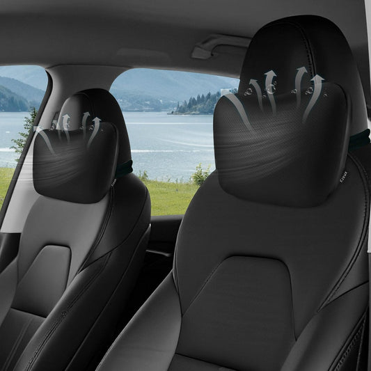 Upgraded Car Neck Pillow - Adjustable Height Headrest Cushion for Tesla Models 3/Y/S/X - Breathable Nappa Leather & High Elastic Pearl Cotton Interior 2 Pack Black