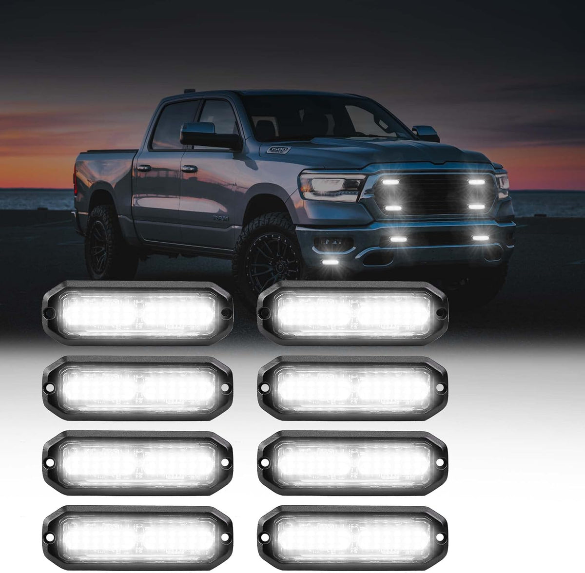 WINECO Amber/White LED Strobe Lights Kit - 8pcs 12-LED Flashing Emergency Warning Lights for Trucks, Cars and Vehicles