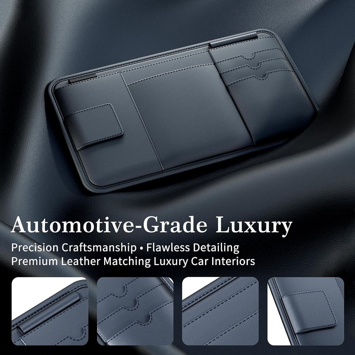 Car Visor Organizer, Premium Leather Sunglasses & Card Holder for Cars, Registration/Insurance Slot, Credit Card Pockets, Automotive Interior Organizer for Car Sun Visor (Black Leather)