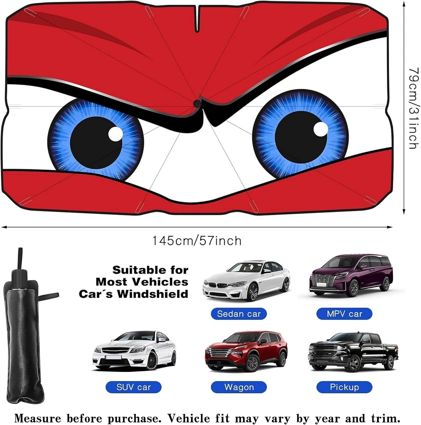 Car Windshield Sun Shade Umbrella, Universal Fit Mid-Large Sedans & SUVs | 57 x 31", Foldable UV Heat Blocking Front Window Sunshade with Rearview Mirror Cutout, Angry Red Eyes