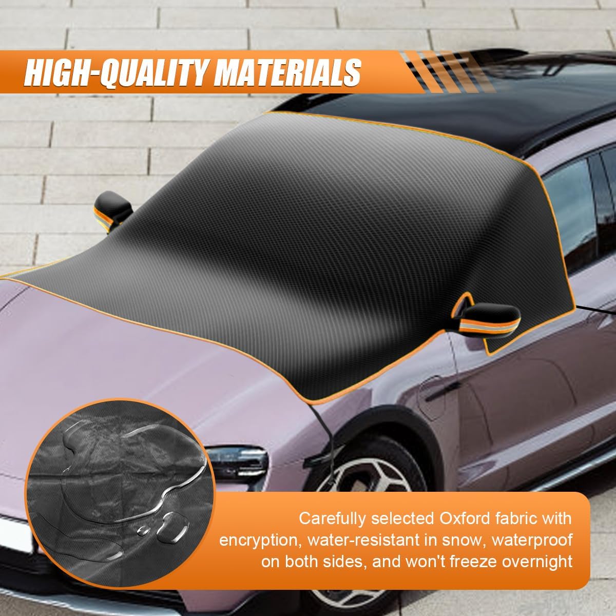 Magnetic Car Windshield Snow Cover, Windproof Car Sunshade with Elastic Strap & Hook, Automotive Windscreen Frost Cover, Winter Vehicle Side Window&Mirror Protector Accessories (Orange Eage)