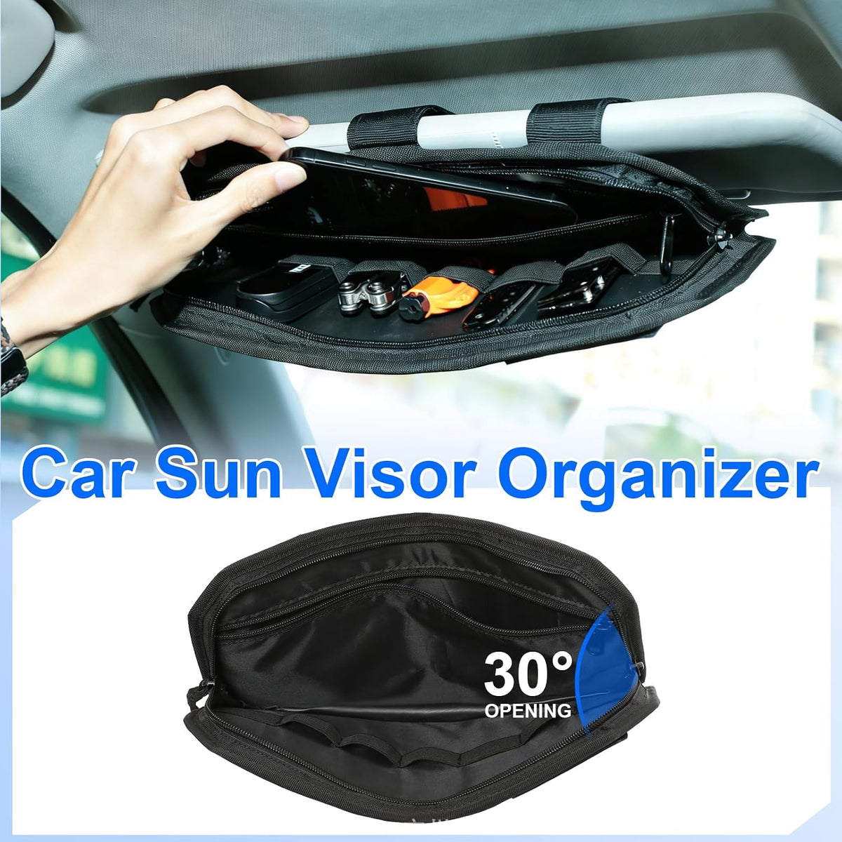 Molle Car Sun Visor Organizer,Tactical Car Accessories with Zipper Storage Pouch & Glasses Clip,Automotive Semi-Rigid Molle Panel for SUVs,Trucks,Cars & Patrol Vehicles(Black)