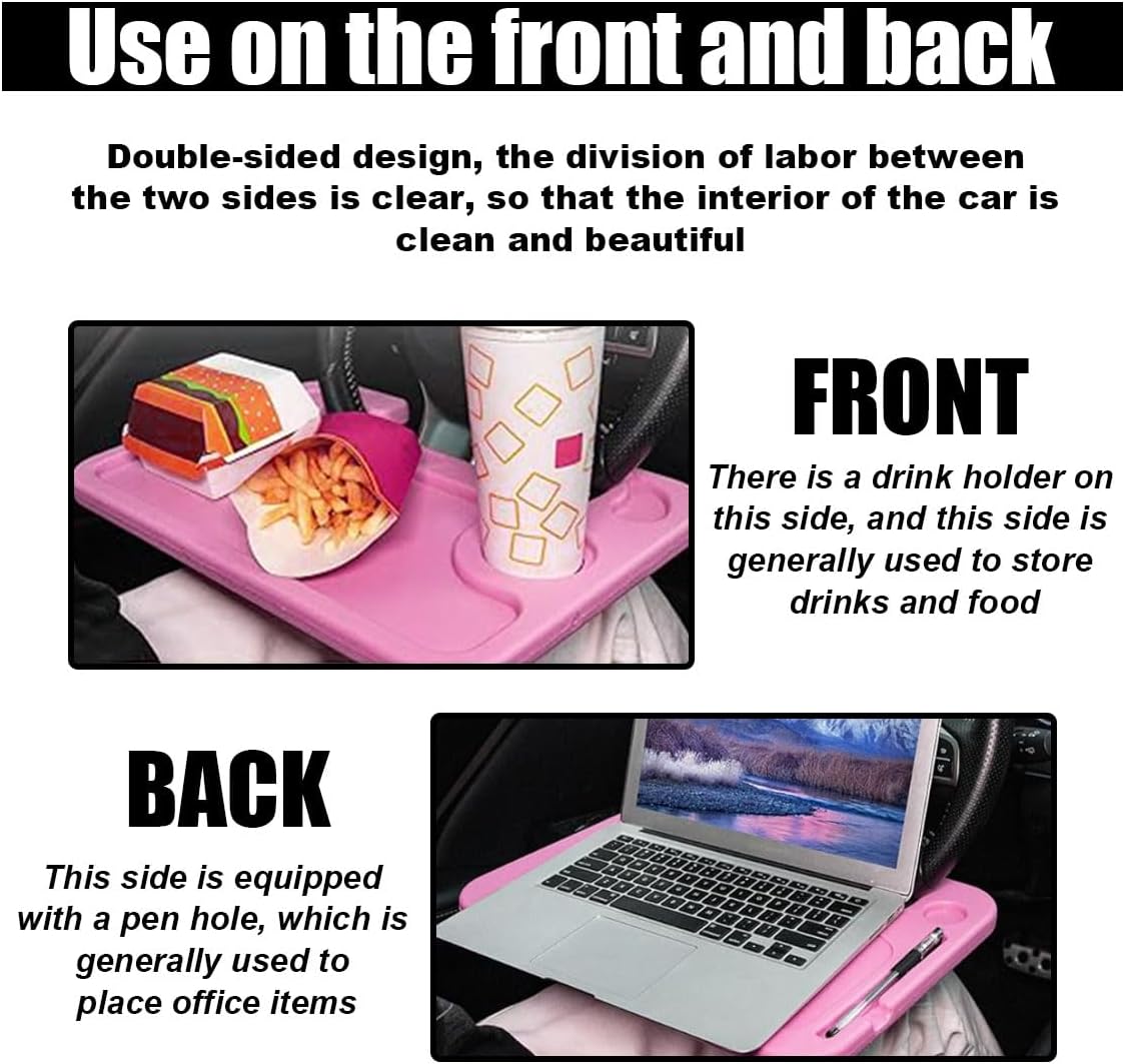 GLSOWEE Car Steering Wheel Tray, Computer Office Car Table Tray, Auto Steering Wheel Desk for Eating, Multipurpose Car Desk Travel Accessories for Most Vehicles Steering Wheel (Pink)
