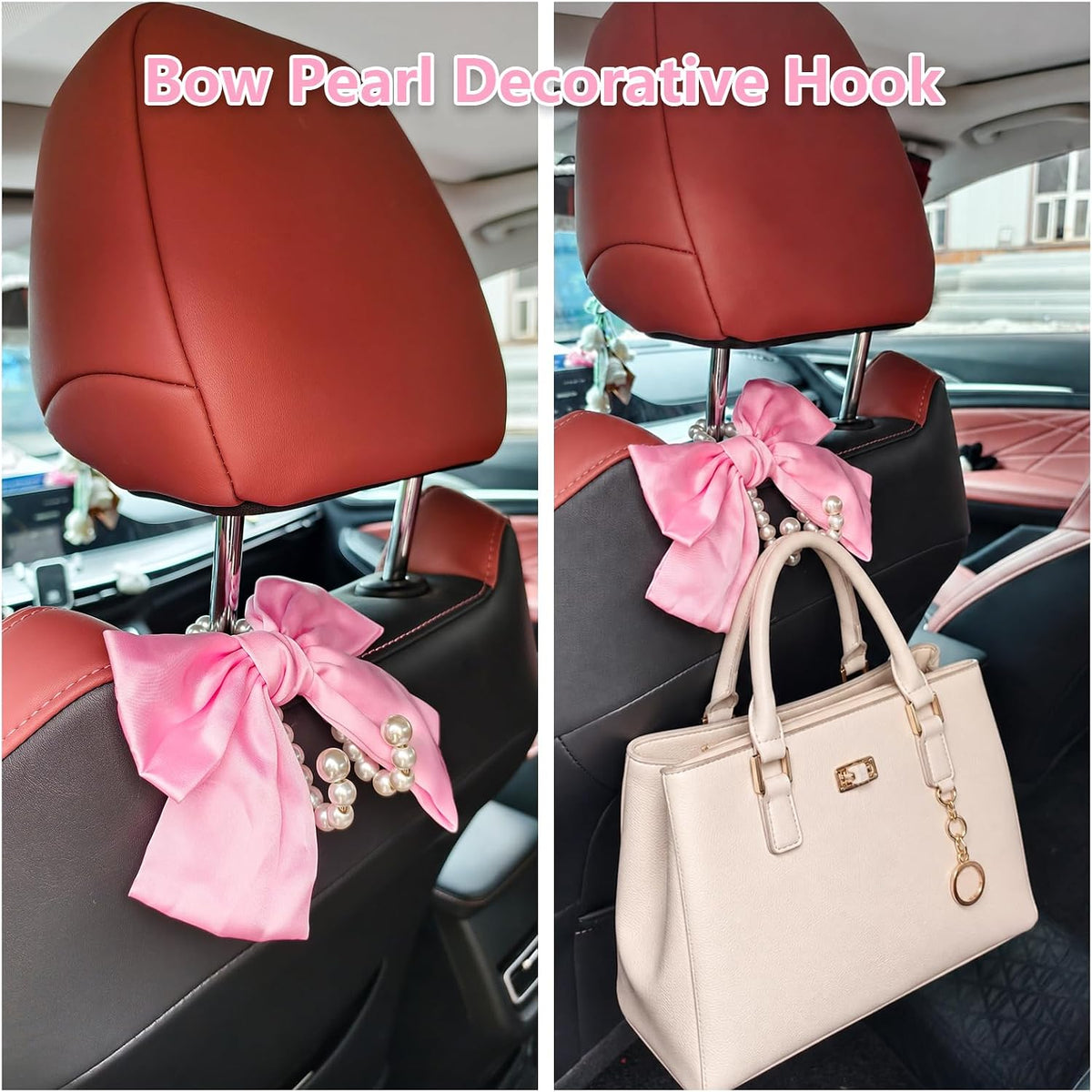 4 Pcs Satin Bow Pearl Car Seat Headrest Hook Cute Car Accessories for Women Coquette Bowknot Vehicle Hooks for Purses and Bags Universal for SUV, Sedan, Truck (Pink)