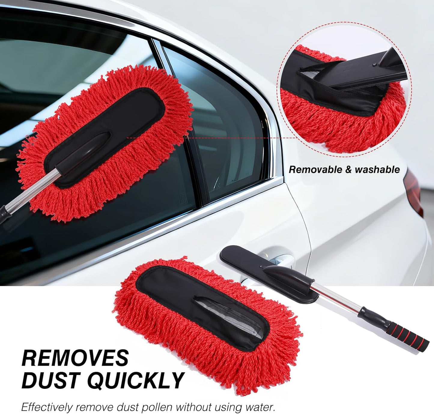 IPELY 3 Pack Large Red Microfiber Car Duster Exterior Scratch Free with Extendable, Car Duster Interior Multipurpose dust Cleaning