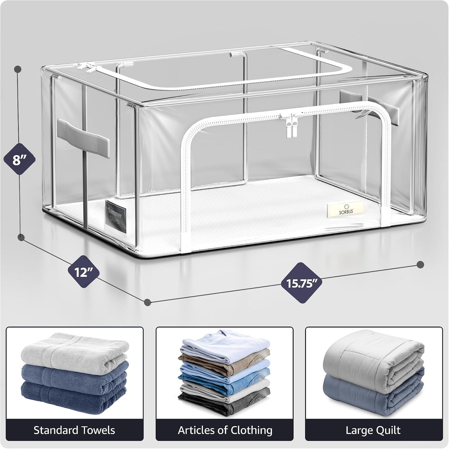 Sorbus Storage Bins with Metal Frame - Stackable & Foldable Clothes Organizer Bags - Clear Soft Plastic Storage Containers (2 Pack, Small)