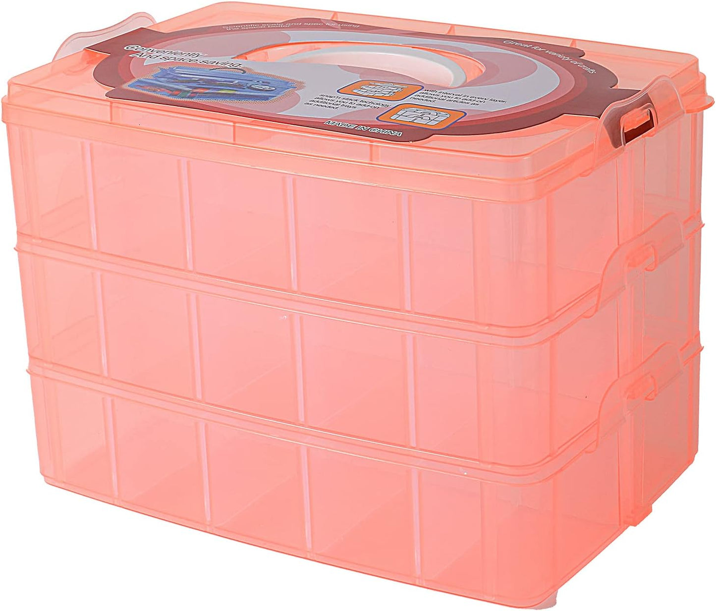 Sooyee Bead Organizer, 3-Tier Craft Organizers and Storage, Stackable Storage Containers with 30 Compartments Dividers for Washi Tape, Toy, Nail, Art Supplies, Fishing Tackle, Pink