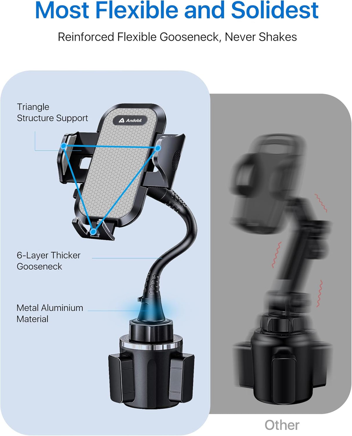 andobil Upgraded, Solidest 15in Cup Phone Holder for Car, Stable & Adjustable, Long Gooseneck Car Phone Holders for Your Car Truck Fit for iPhone 17 Pro Max 16 15 14 13 Pro Max, Grey
