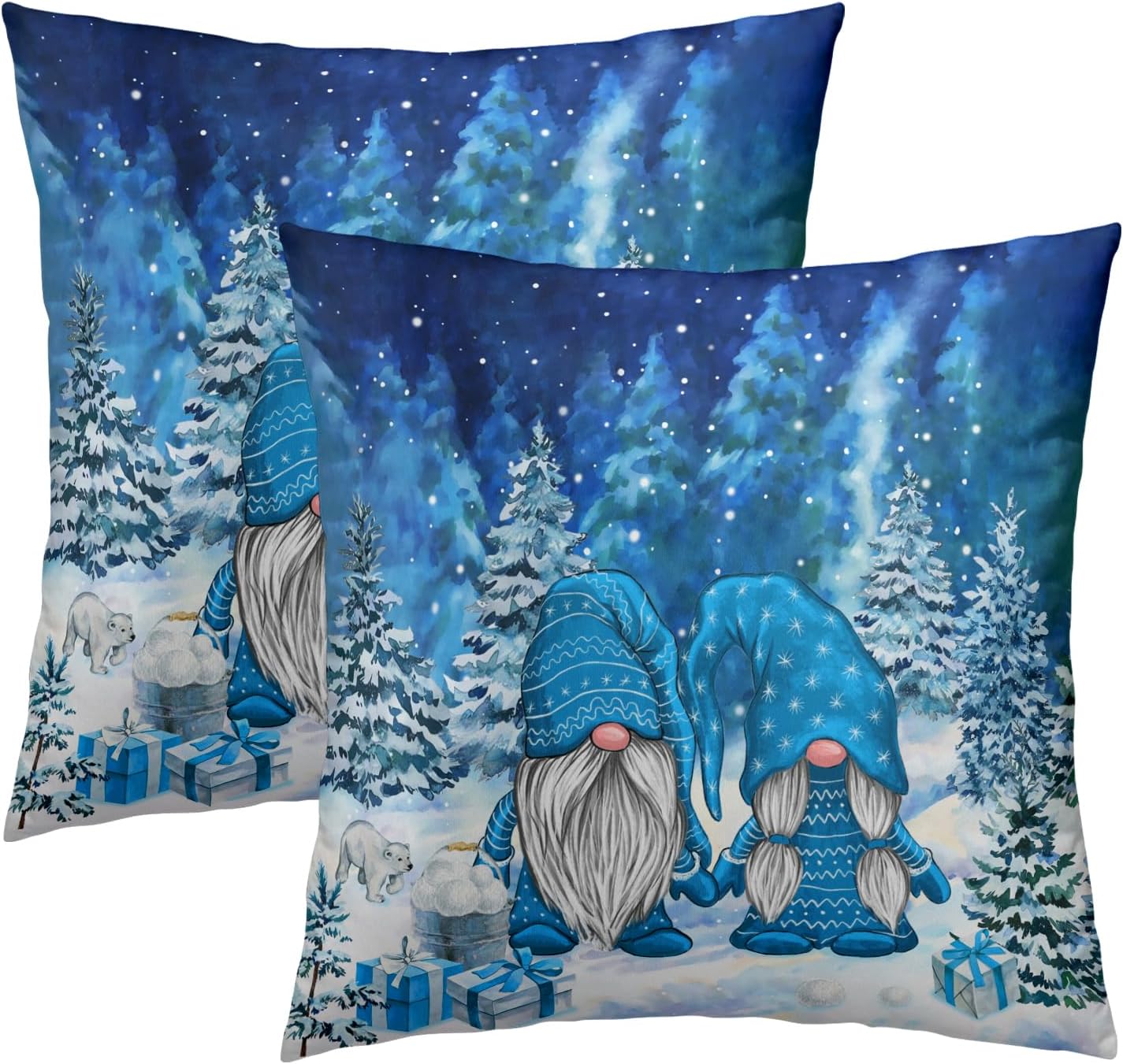 Giwawa Winter Blue Gnome Throw Pillow Covers 18x18 Inch Pine Tree Pillowcases Set of 2 Square Seasonal Cushion Cases for Bed Couch Car Home Decor