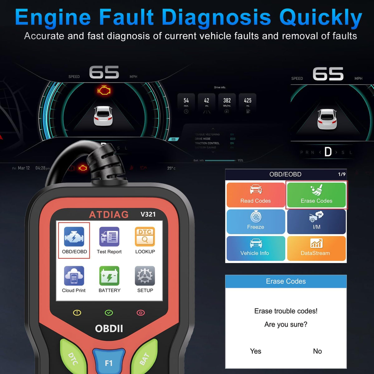 OBD2 Scanner Diagnostic Tool, Check Engine Lights and Clear Vehicle Trouble Code, Battery Start Test, Live Data, Cloud Printing, Freeze Frame, Car Scanner for All OBDII Vehicles Since 1996
