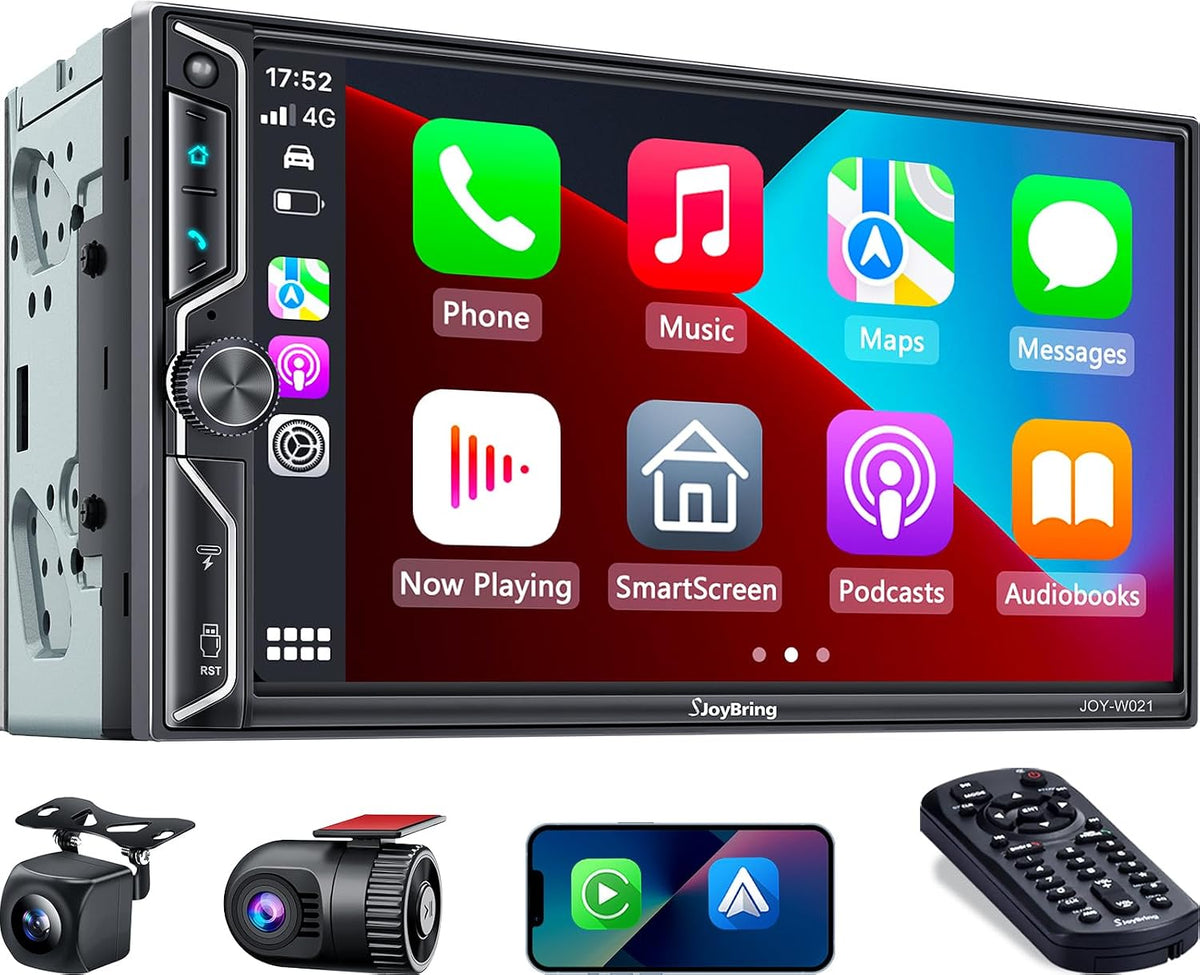 SJoyBring 7" QLED Double Din Car Stereo Compatible with Wireless Apple CarPlay & Android Auto, 240W 4.2CH Dual Subwoofer Out, Dash Cam & Backup Camera Included, Bluetooth, Mirrorlink, FM/AM Car Radio