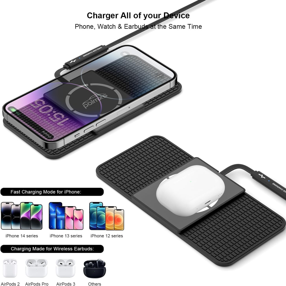 Magnetic Wireless Car Charger Charging pad,POLMXS 15W Fast Wireless Phone Charger car Cell Phone coldless Charging mat Compatible with iphone12/13/14/15 Series airpod (C11L)