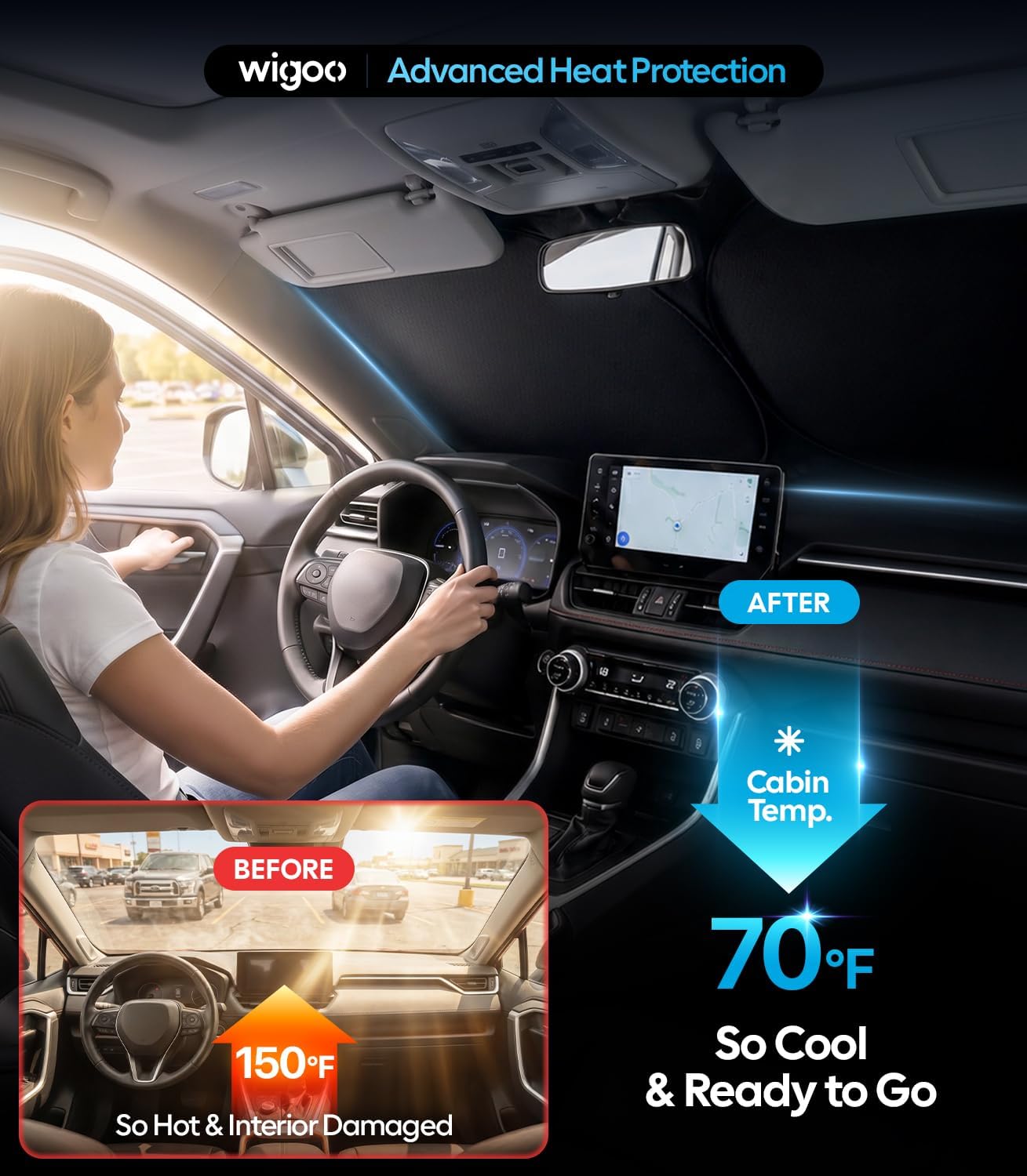 Wigoo 2026 Upgrade Universal Car Windshield Sun Shade [100% Light Block, Durable 210D Oxford] Foldable Heat Insulation Interior Sun Visor to Keep Interior Cool with Storage Bag, M(64"x32")
