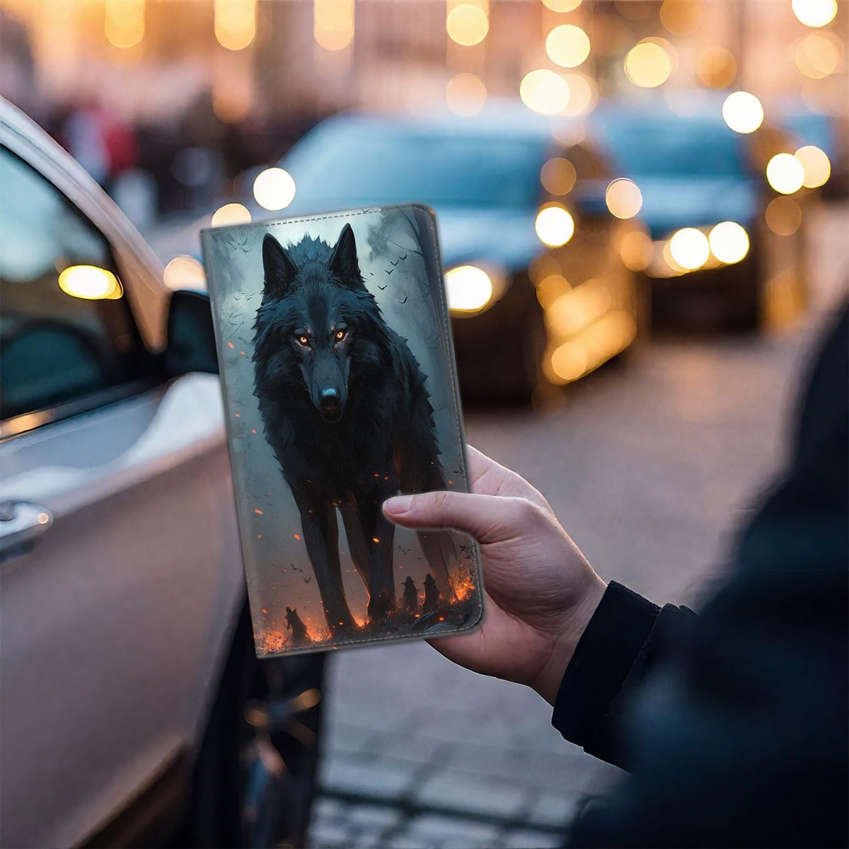 Car Document Holder with Magnetic Shut, Car Registration & Insurance Card Holder, Waterproof PU Leather Glove Box Organizer Vehicle Accessories Driver License for Women/Men, Wolf Pattern