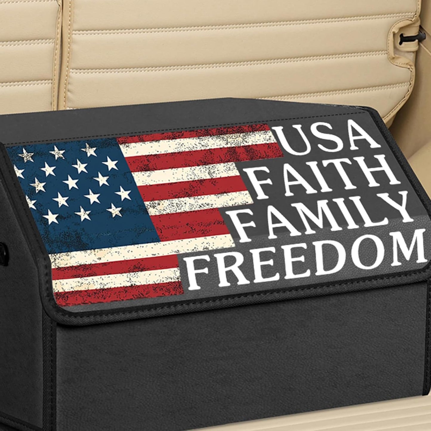 Car Trunk Organizer with Lid, Vintage American Flag USA Print Collapsible Storage Box, Waterproof PU Leather Car Cargo Storage Bin with Handle, Auto Interior Accessories for SUV Truck Vehicle
