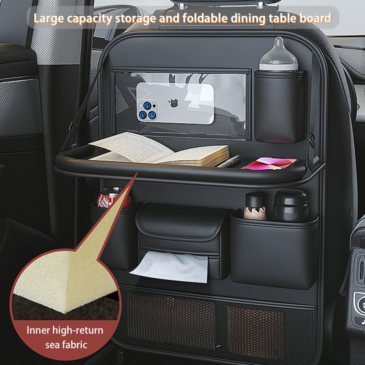 Popular Items Rear Seat Organizer, Premium Waterproof PU Leather Car Seat Back Pocket with Stain Proof iPad Storage, Black
