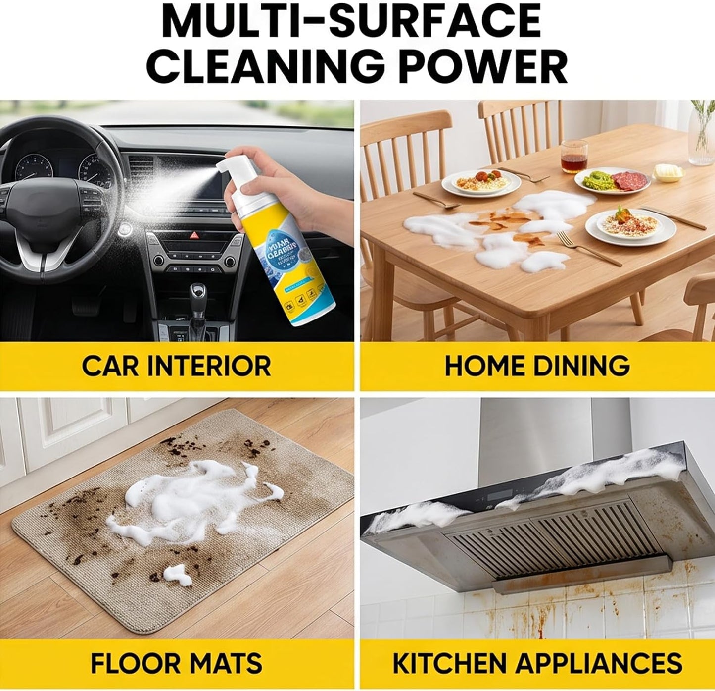 4-in-1 Multi Enzyme Foam Cleaner, All Purpose Cleaning Foam Spray for Car Interior, Upholstery, Kitchen Grease &amp; Bathroom Surfaces, Multi Surface Cleaner for Fabric, Vinyl, Plastic and Leather (2)