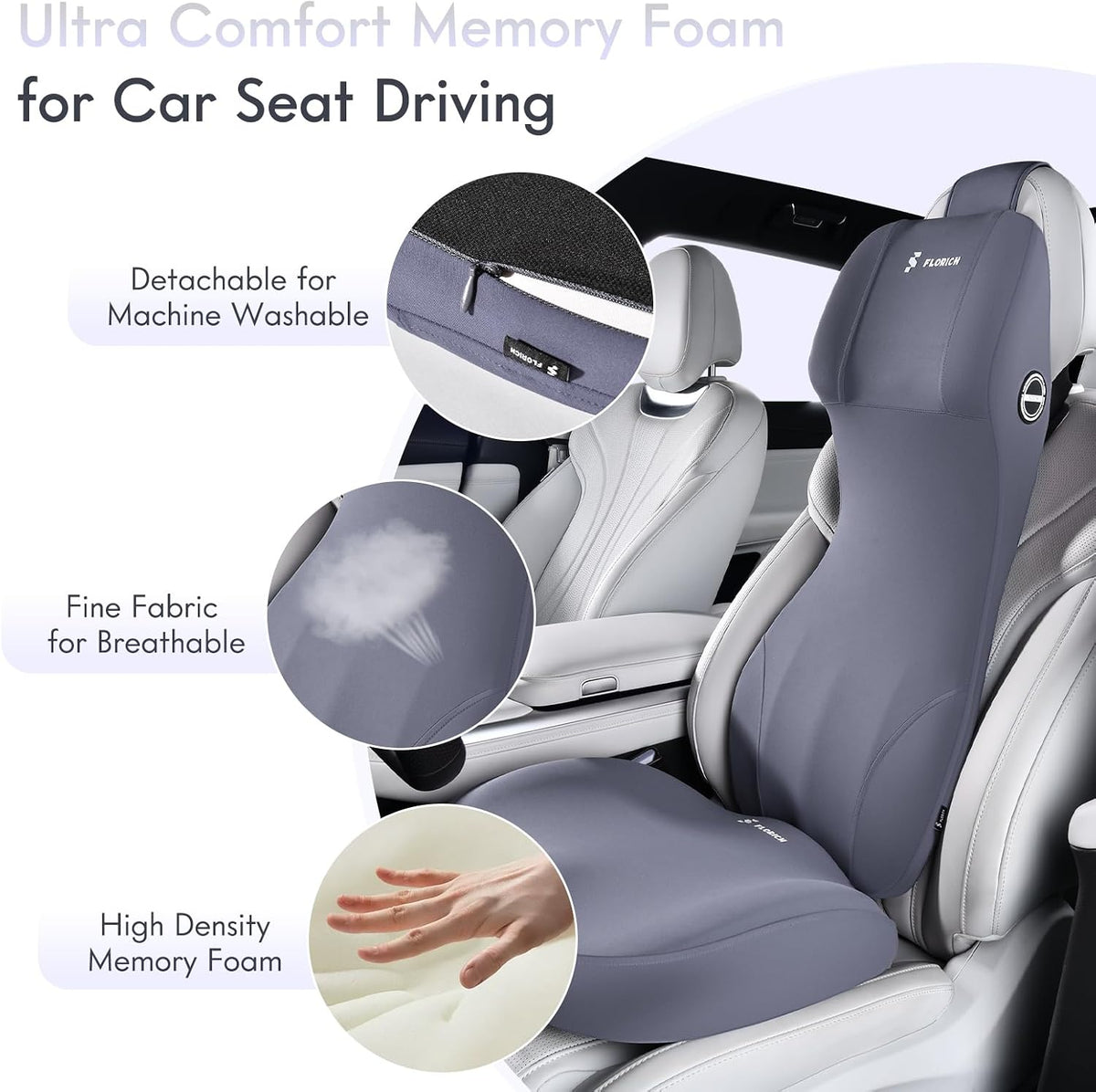 FLORICH Memory Foam Ergonomic Car Seat Cushion with Lumbar Support Neck Pillow 2-in-1 Headrest Pillow Back Support for Car Truck Seat Long Driving Sciatica Tailbone Pain Relief, Blue