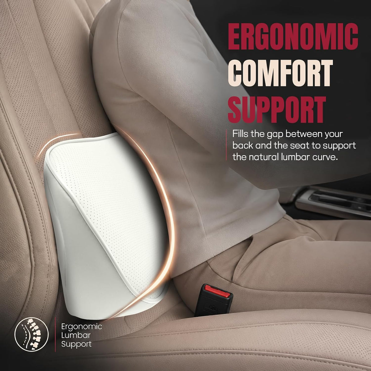 Mikako Car Lumbar Support Pillow, Ergonomic Memory Foam Vehicle Driver Seat Lower Back Support Cushion for Pain Relief, Comfortable Lumbar Pillow Cushion for Driving, Car Accessories (White)