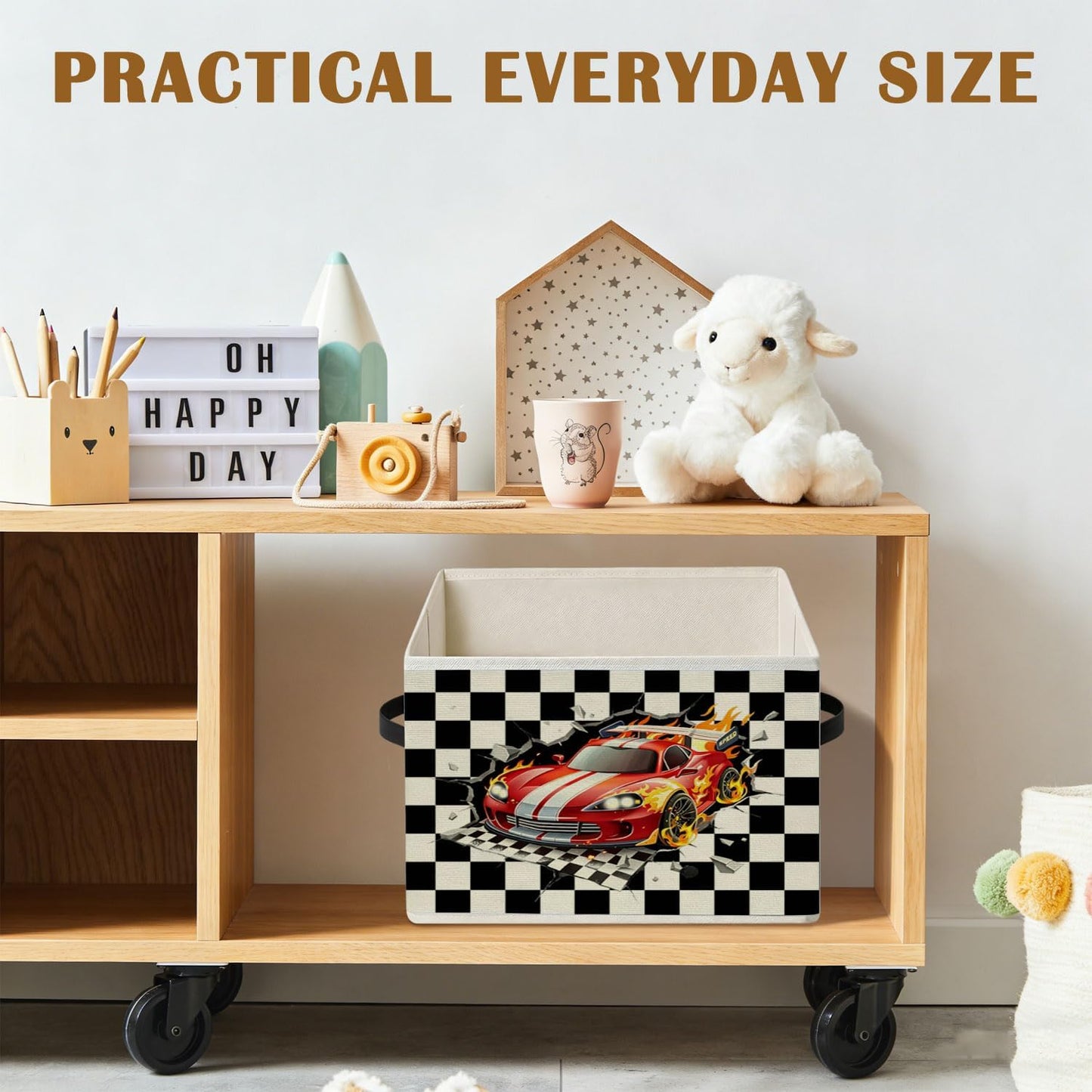 Racing Storage Bins Box,Race Car Room Decor | Ready Set Go Black Checkered Foldable Collapsible Storage Basket Organizer for Kids Nursery Bedroom Toys Playroom