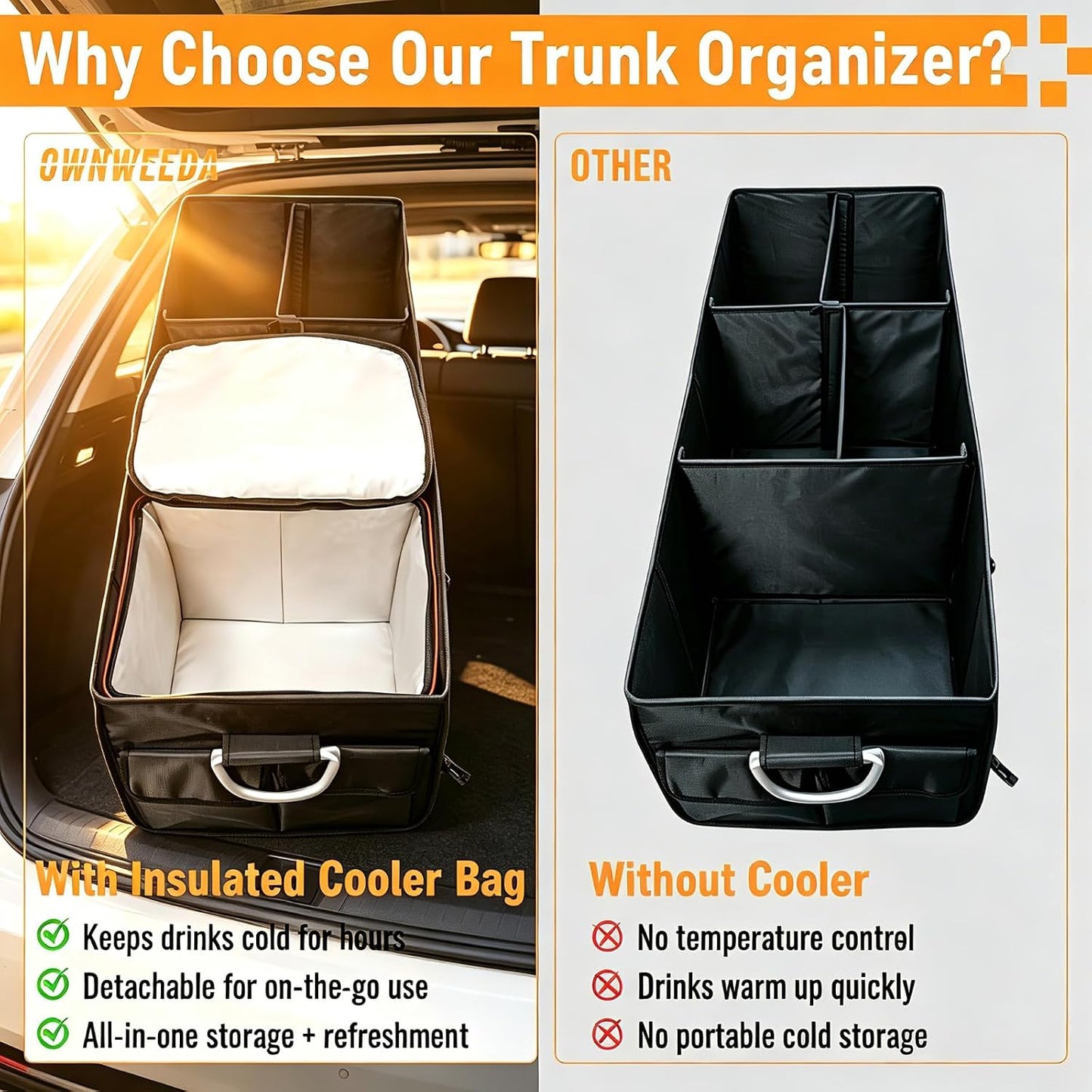90L Large Car Trunk Organizer with 30L Removable Leakproof Cooler Bag, Collapsible Storage Bin with Lid & Dividers, Heavy Duty Accessories for SUV Sedan, Ideal for Grocery Camping Road Trip