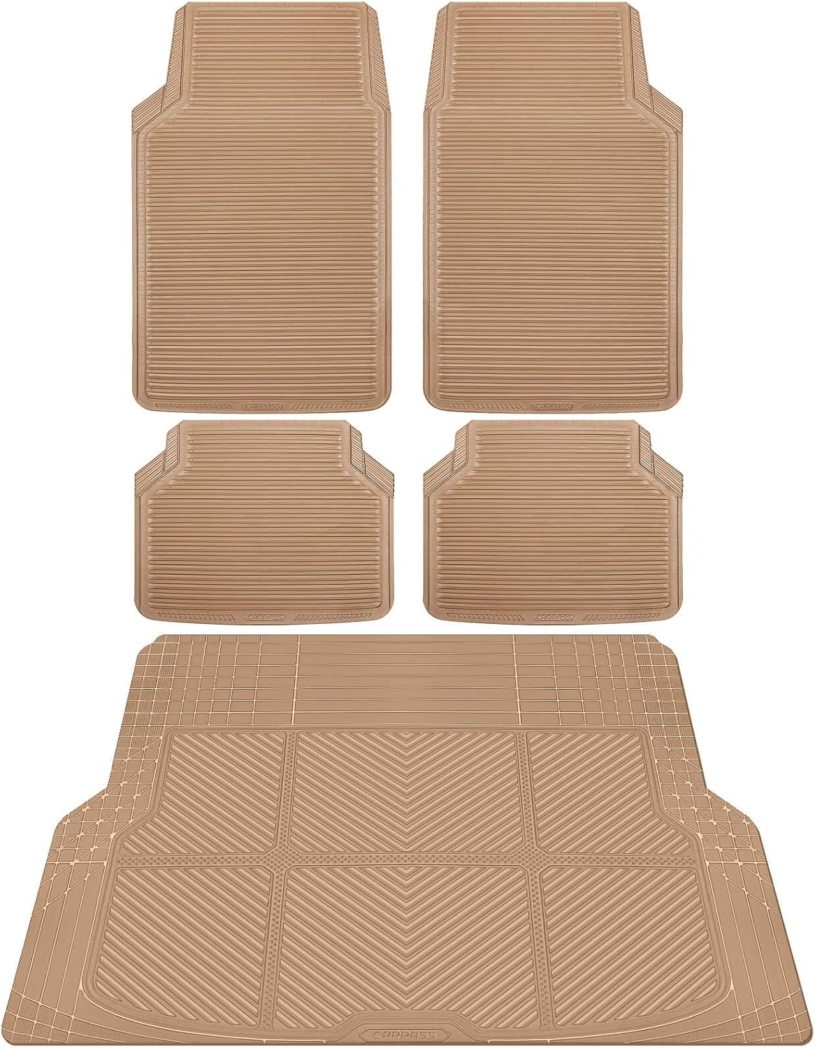 CAR PASS Tan Rubber Car Floor Mats & Cargo Liners, All Weather Car Mats & Trunk Mats,Waterproof Automotive Floor Mats Trim to Fit for Most Cars Sedans SUVs Vans, Durable Heavy Duty Anti-Slip,Beige