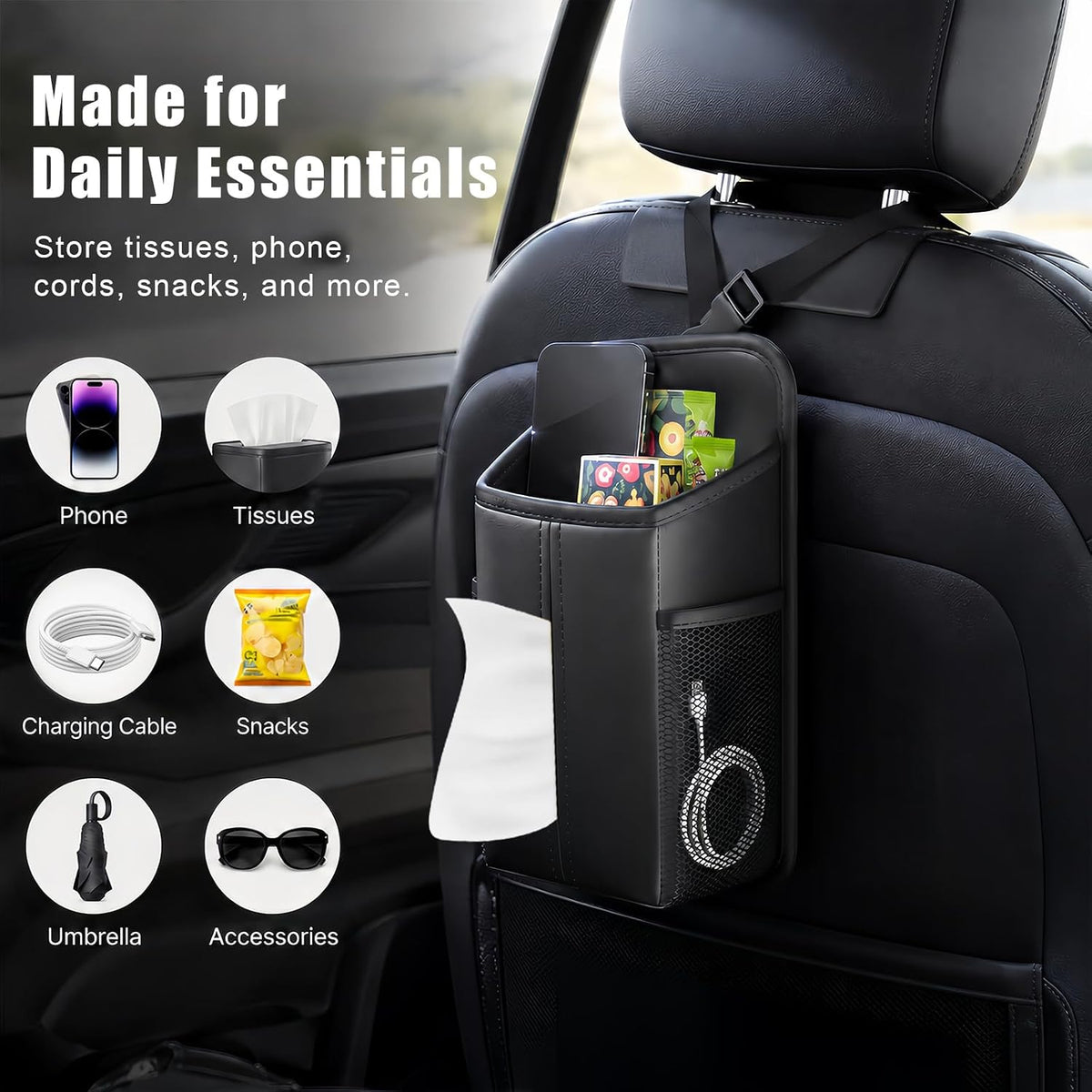 Car Tissue Holder, Waterproof PU Leather Tissue Box Cover with Mesh Pockets, Rectangular Napkin Holder Hanging Car Storage Organizer for Vehicle Front Seat, Fit for SUV Truck Van