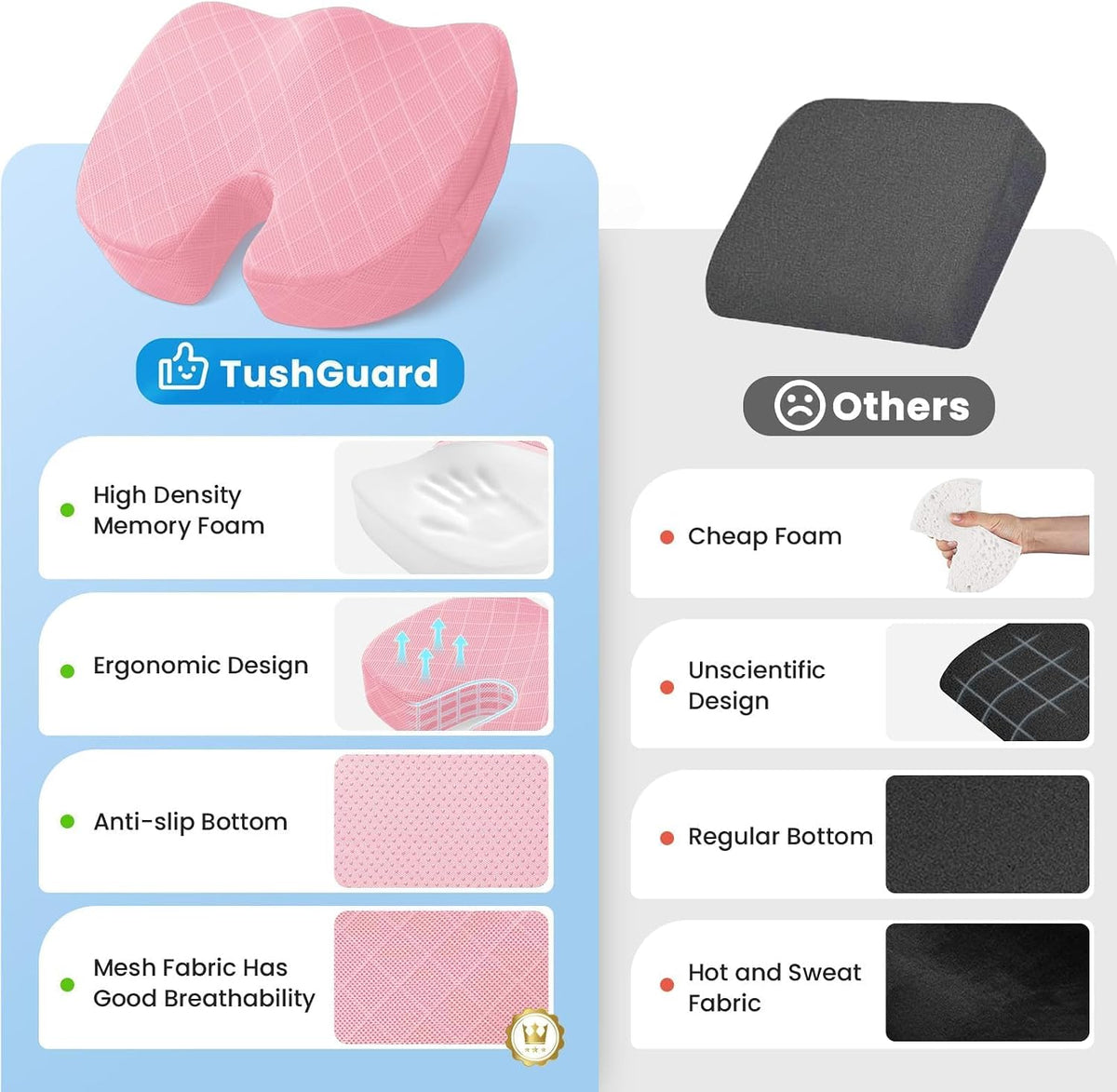 TushGuard Seat Cushion, Memory Foam Office Chair Cushion - Pink, X-Large