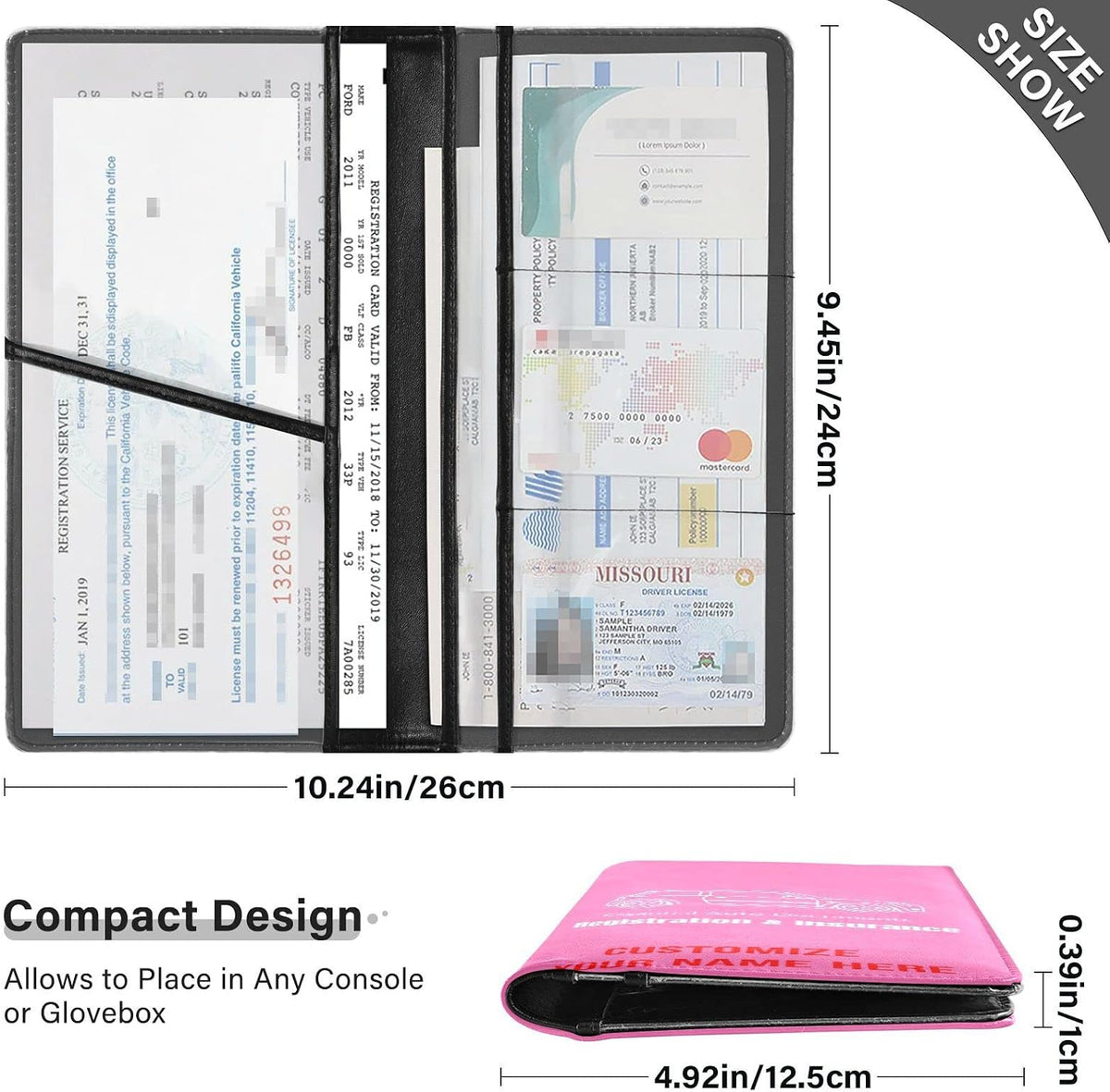 Custom Car Registration and Insurance Card Holder Personalized Leather Glove Box Organize Men Women Wallet Accessories Case for Cards, Essential Document Driver License Hot Pink