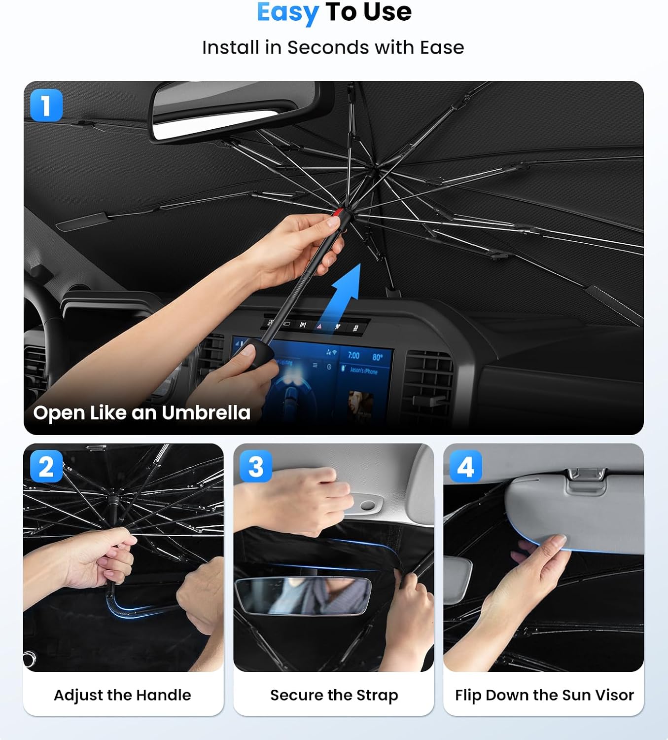 Zanch Windshield Sun Shade Umbrella: 1:1 Custom Fit for Ram 1500 2011-2026 [99% UV Protection, Up to 75℉ Cooler] Reflective Heat Shield, Built to Last, No Scratches, Foldable Front Sunshade Umbrella