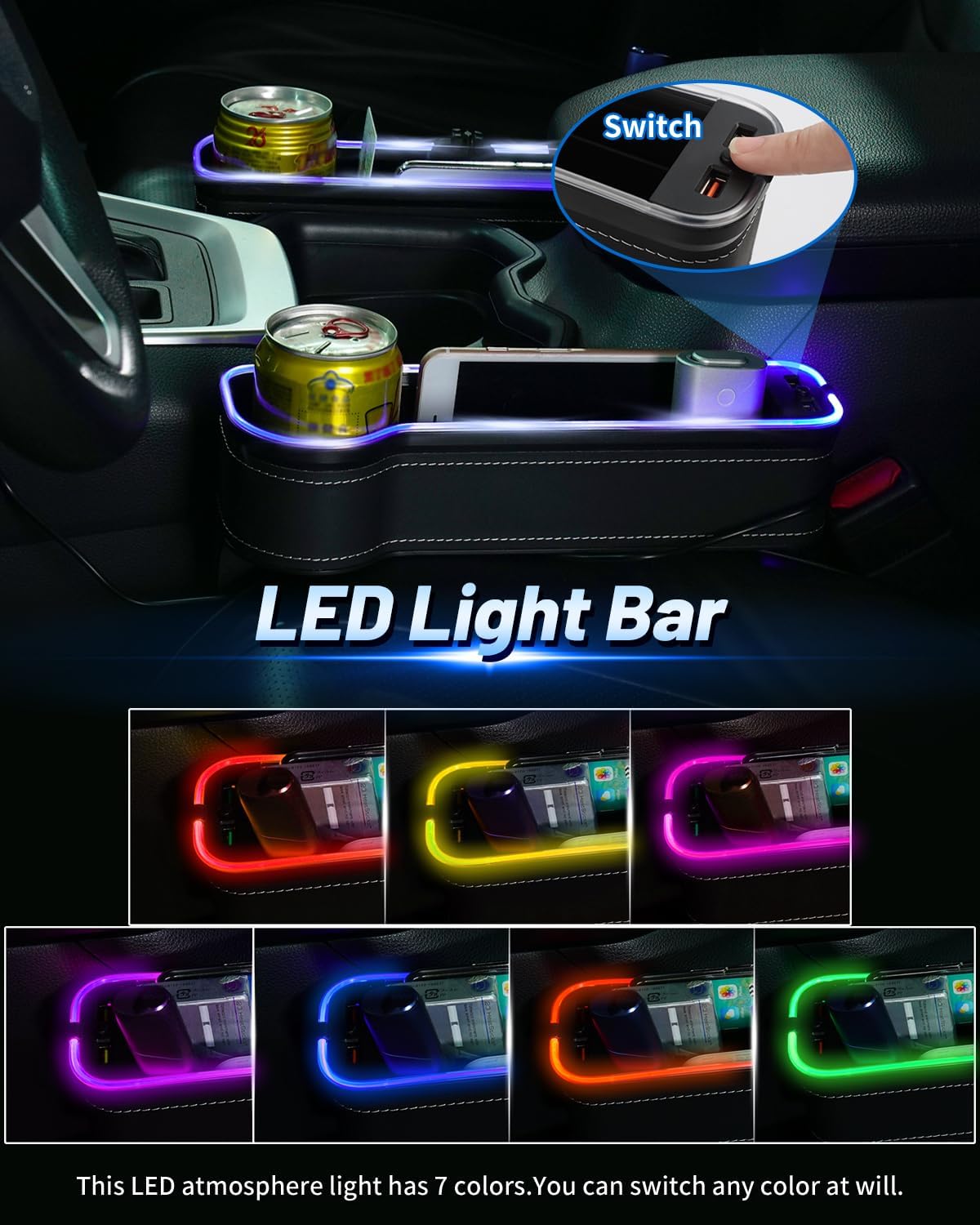 Shademax RGB Color Changing LED Car Seat Gap Filler Organizer Console Side Seat Gap Storage Box with Cup Holders and USB Chargers for Car Interior Accessories (2 Pack)