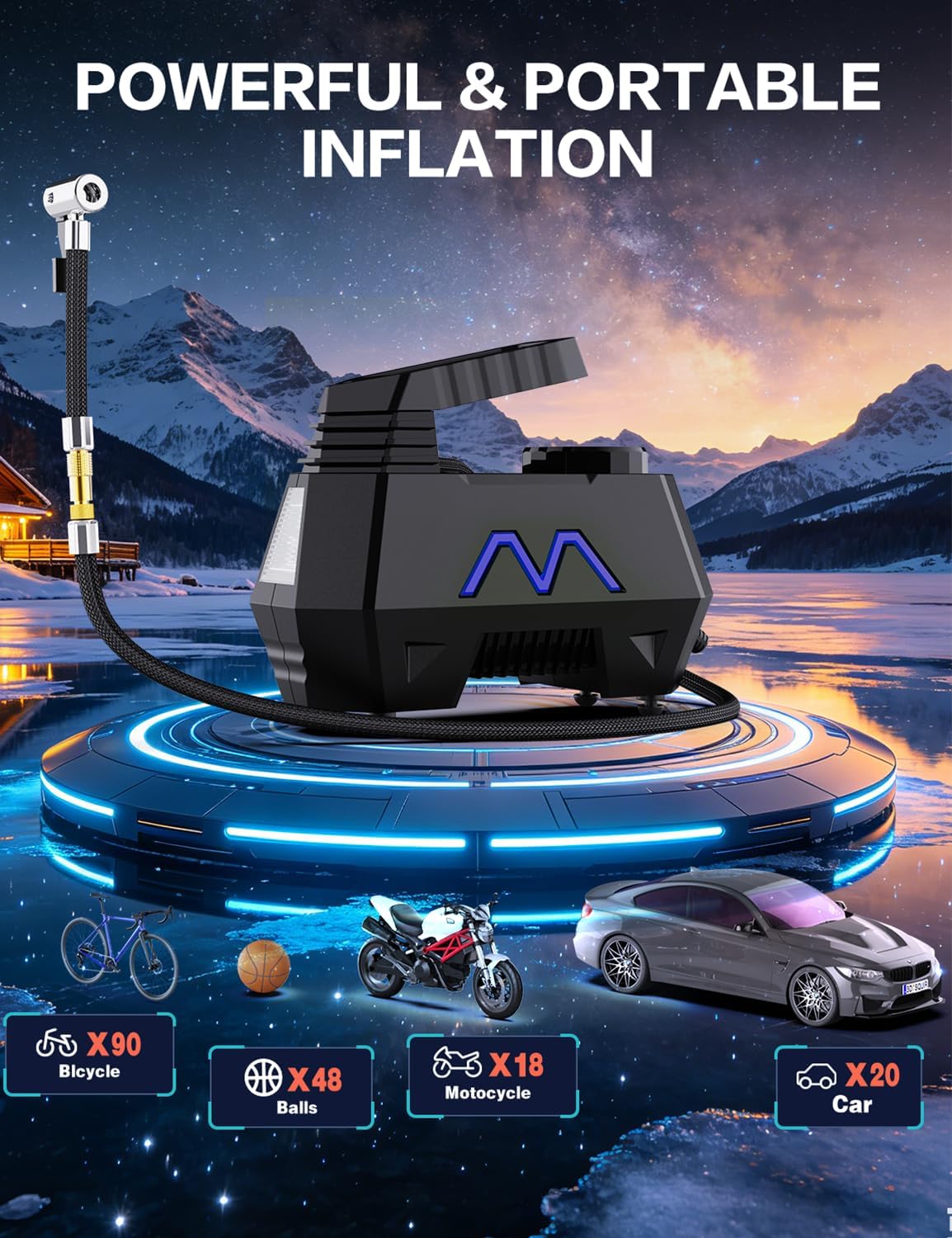 Tire Inflator Portable Air Compressor, 150PSI Tire Air Pump for Car Tires, Car Accessories, Auto Pump 12V DC with Digital Pressure Gauge and LED Light for Motorcycle, Bicycle, Ball-Blue