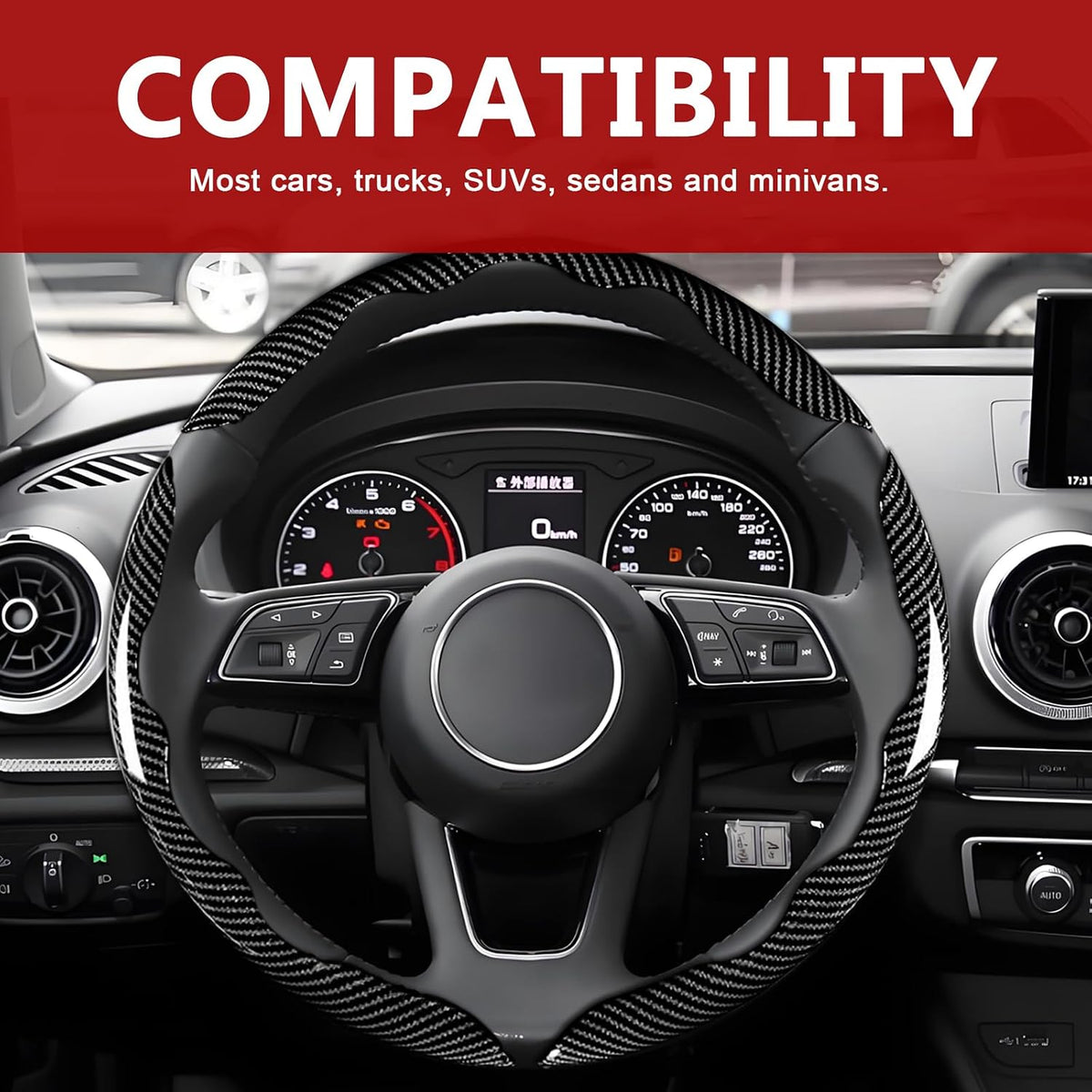 3pcs Universal Carbon Fiber Steering Wheel Cover - Anti-Slip & Segmented Design, Universal 99% Durable Steering Wheel Protector for Men and Women, Car Interior Accessory (Black)