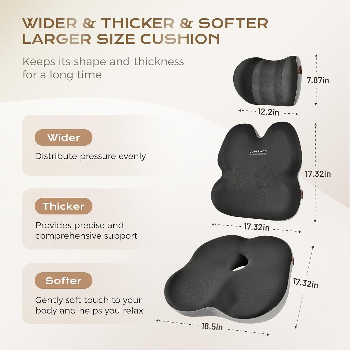 Coverado Seat Cushions Neck Pillow Lumbar Support Pillow for Car, Memory Foam Office Chair Back Support Orthopedic Coccyx Cushion with Non-Slip Bottom Neck Butt Back Pillow for Chair Truck Gray&Black