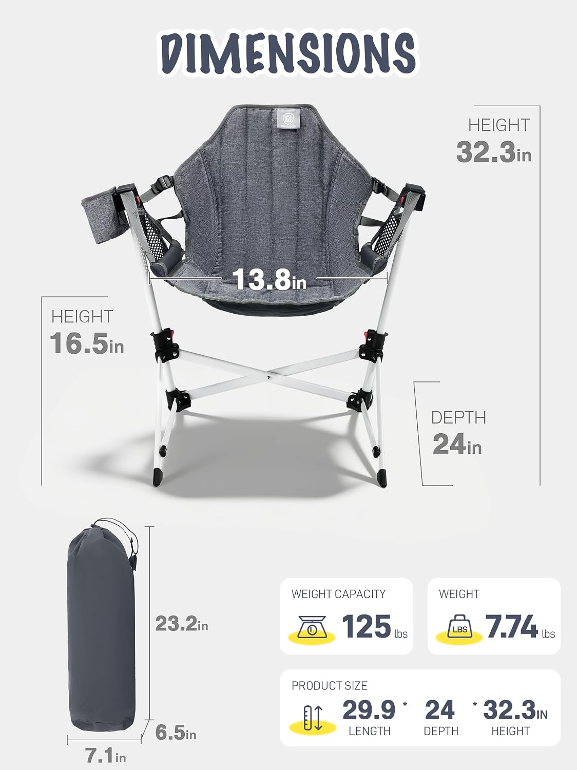 EVER ADVANCED Kids Hammock Chair Foldable, Kids Camping Chair with Stand Portable, Hammock Swing Chair with Cup Holder, Child Camping Gear Carry Bag for Traveling Outdoor Patio Supports 125LBS Grey