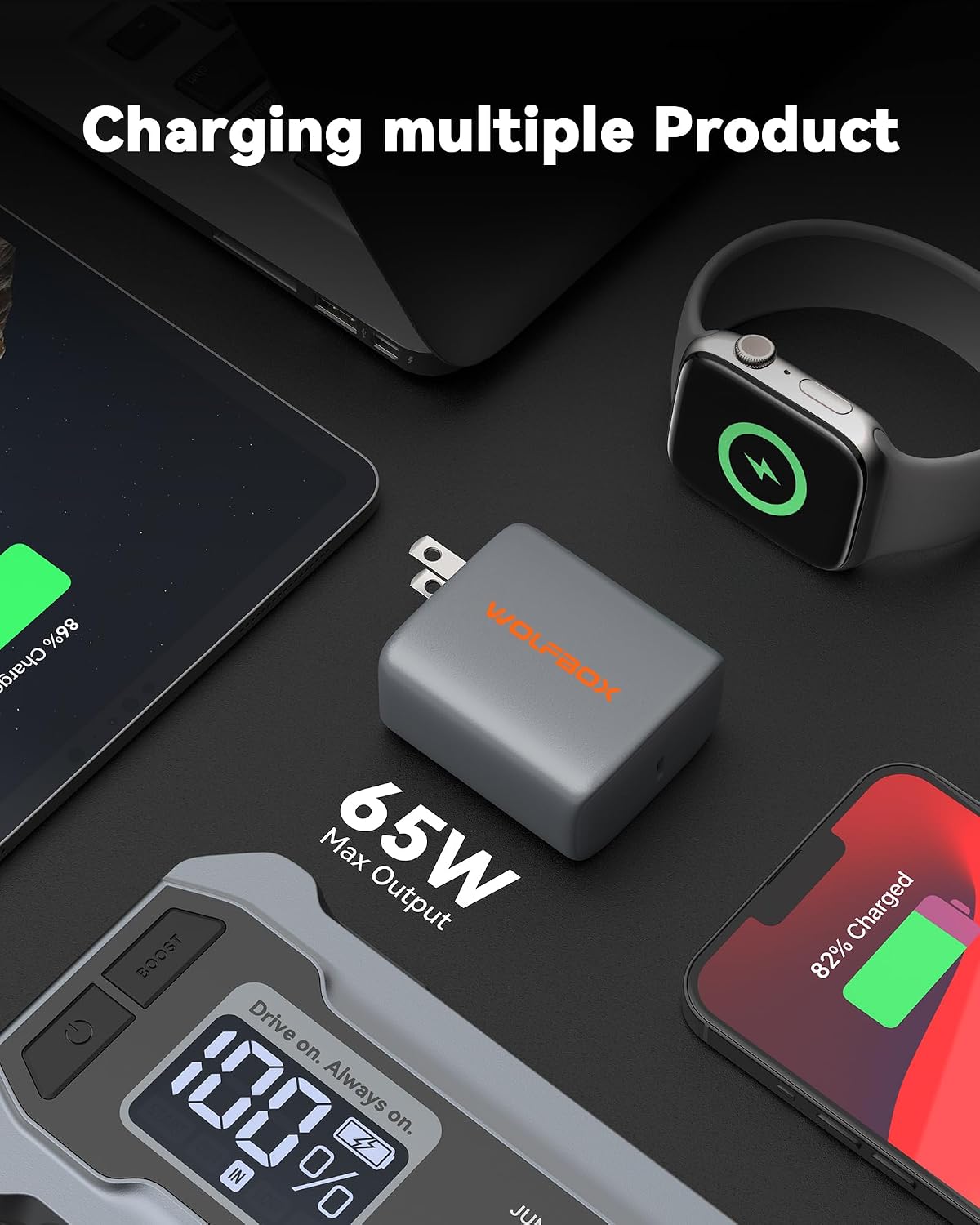 Wolfbox 65W Type-C PD Charge Compatible with Wolfbox Brand Jump Starter, Fast Charging, Universal Compatibility