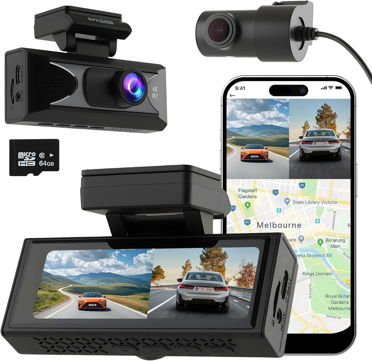 4K Dash Cam Front & Rear, WiFi Night Vision, Dual Channel, 24H, 64GB