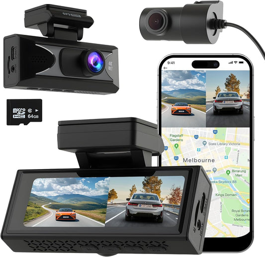 4K Dash Cam Front & Rear, WiFi Night Vision, Dual Channel, 24H, 64GB