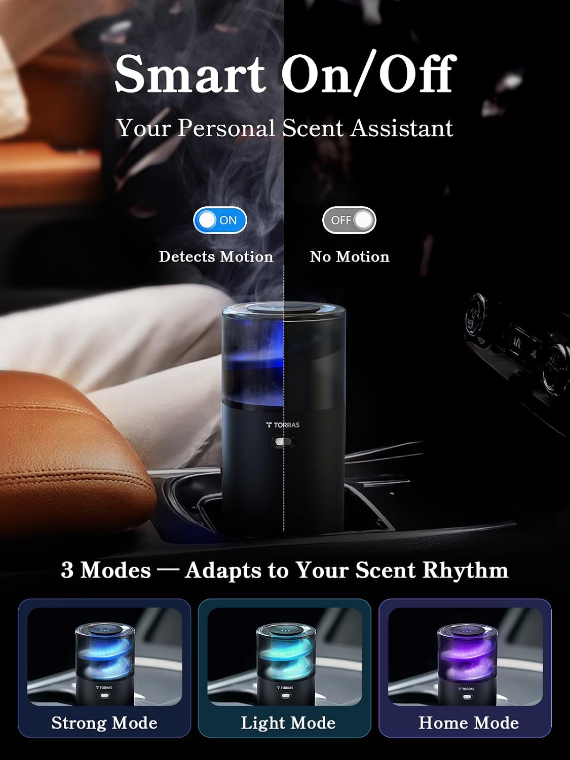Torras Smart Car Air Freshener Diffuser CF18, Landscape Car Diffuser, Auto On/Off, 3 Modes, Ambient lights, 1100mAh Built-in Battery, Perfume Natural Fragrance, Lasts 3 Months